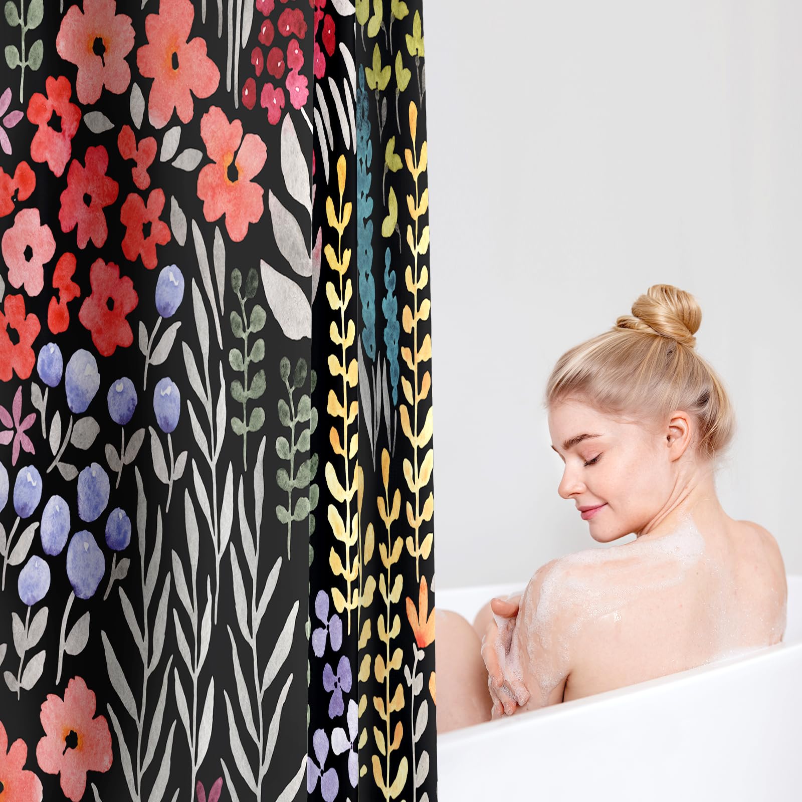 Mayzus Colorful Floral Shower Curtain 60X72, Cute Boho Flower Fabric Shower Curtain, Funky Watercolor Wildflower Shower Curtain