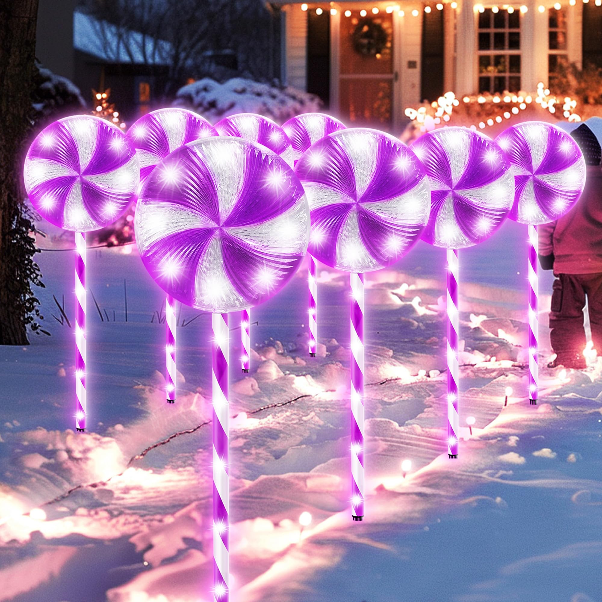 VINEROOF 8PK 28inch 8 Modes Christmas Lollipop Light for Outdoor Decorations Flashing Pathway Lights (Purple)