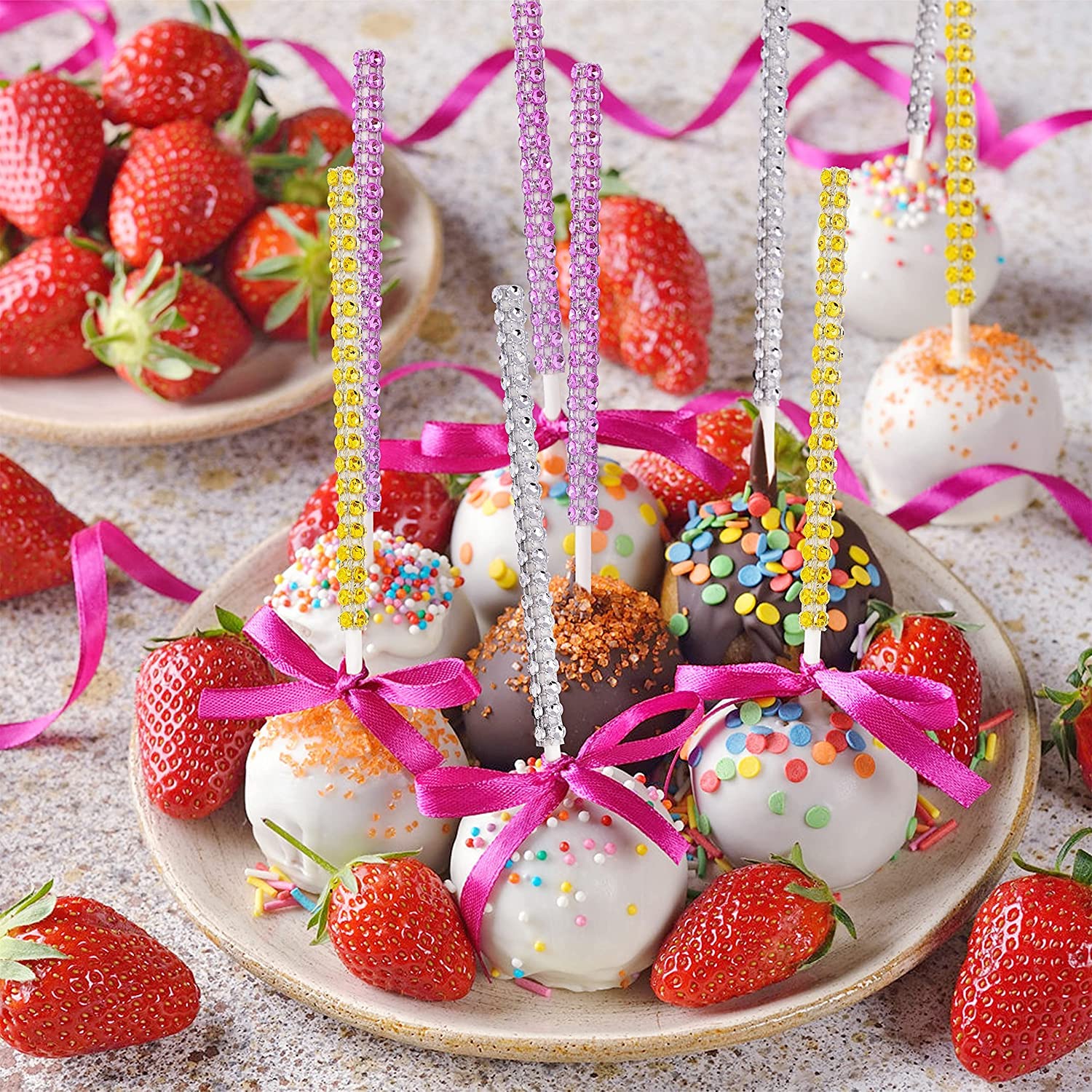 25 Pcs Bling Cake Pop Paper Sticks, Glitter Rhinestone Lollipop Treat Sucker Sticks, Diamond Wrap Candy Holder For Chocolate Fru
