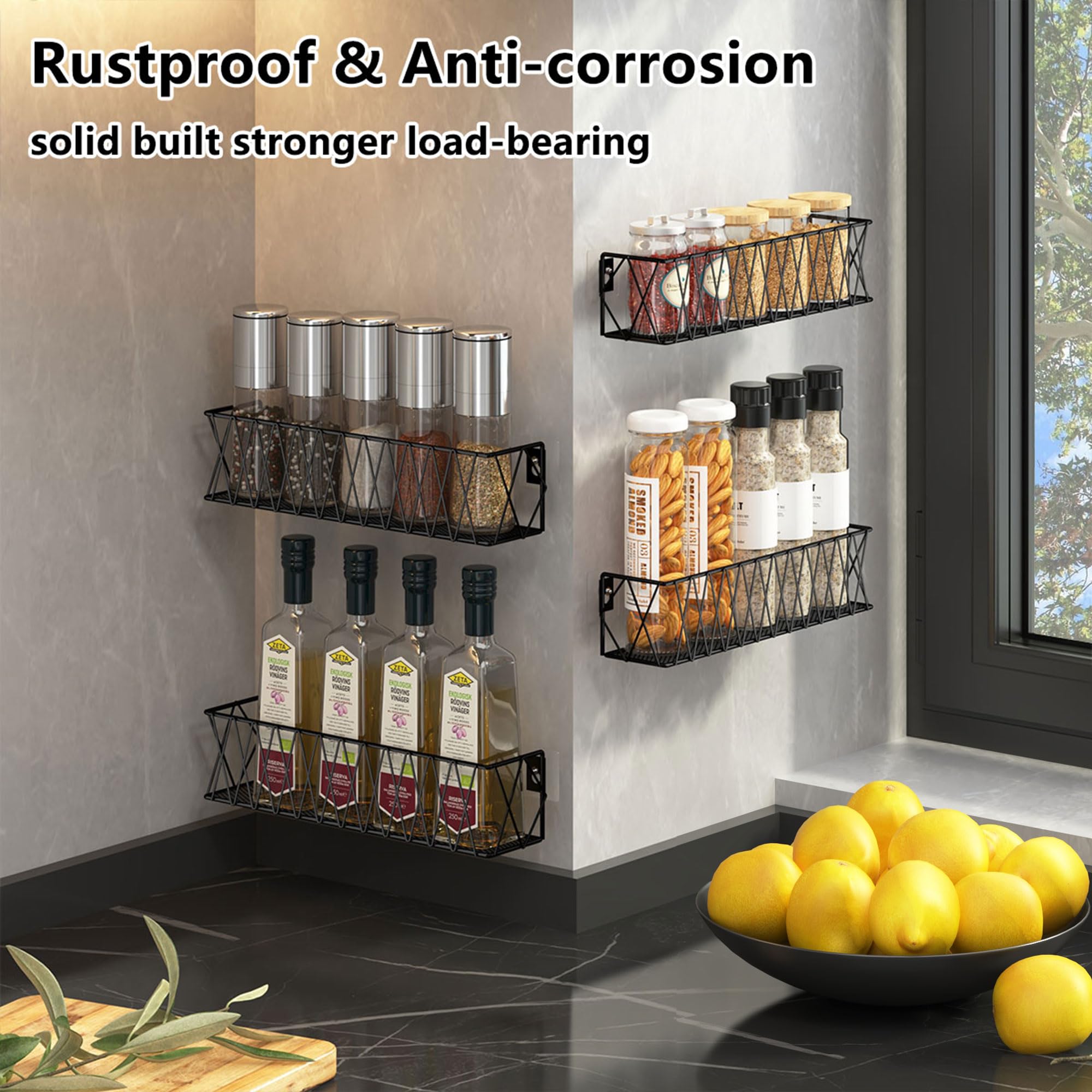 TOMIR Hanging Spice Rack Wall Mount 4 Pack, Seasoning Rack Spice Jar Organizer Adhesive Spice Shelf Easy to Install, Kitchen Org