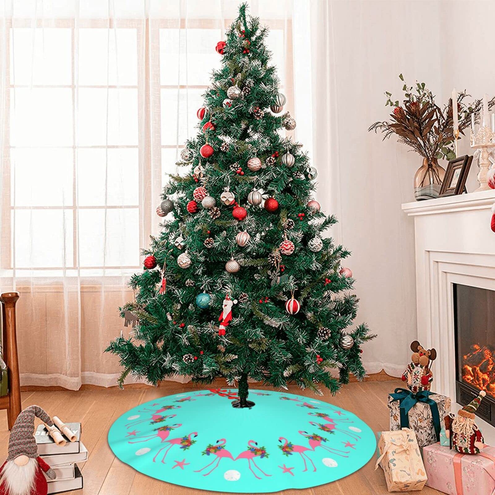 Christmas Tree Skirt Tropical Blue Flamingo Xmas Tree Skirt for Festive Holiday Party Santa Tree Mat Home New Year House Decorat