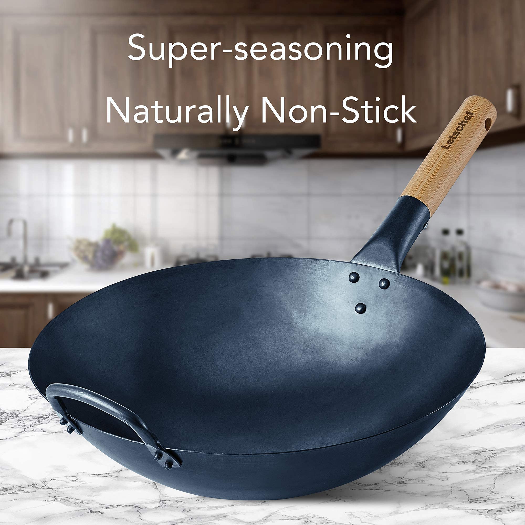 Letschef Preseasoned Carbon Steel Wok 14 Inches Hand Hammered Chinese Traditional Wok And Stir Fry Pan Round Bottom With Bamboo