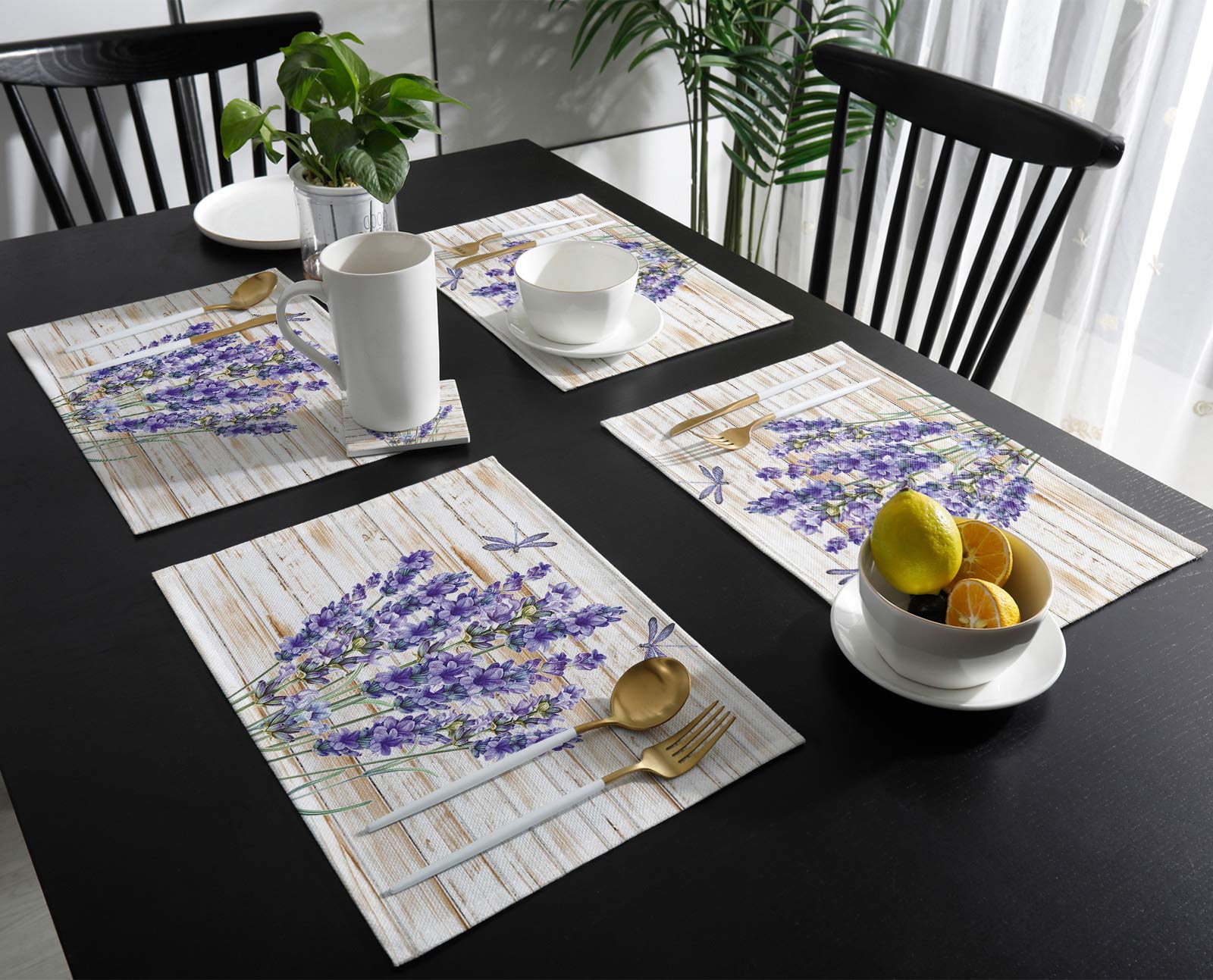 Purple Lavender Flower Floral Placemats Set Of 6 Non Slip Washable Table Mats Set, Dragonfly Rustic Wood Grain Table Placemats F