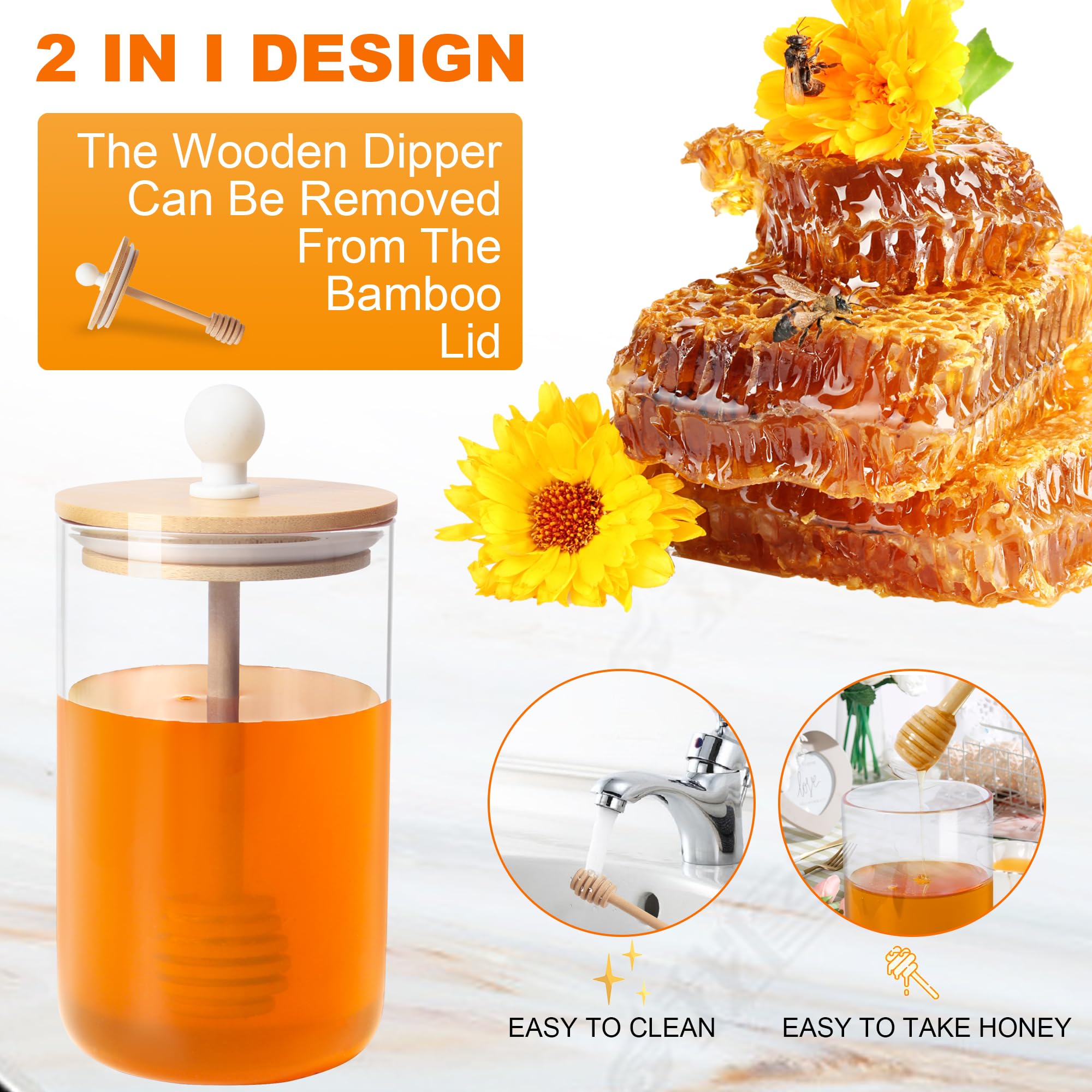 Givameihf12Oz Honey Pot,Glass Honey Jar With Dipper Stick,Honey Containers With Dipper,Honey Dispenser,Honey Jar For Storing Hon