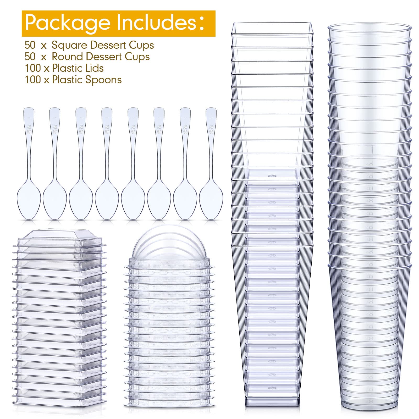 Nuogo 3 Oz Mini Dessert Cups With Lids And Spoons Dessert Cups Clear Plastic Shooter Cups Square Parfait Cups With Lids Round Di