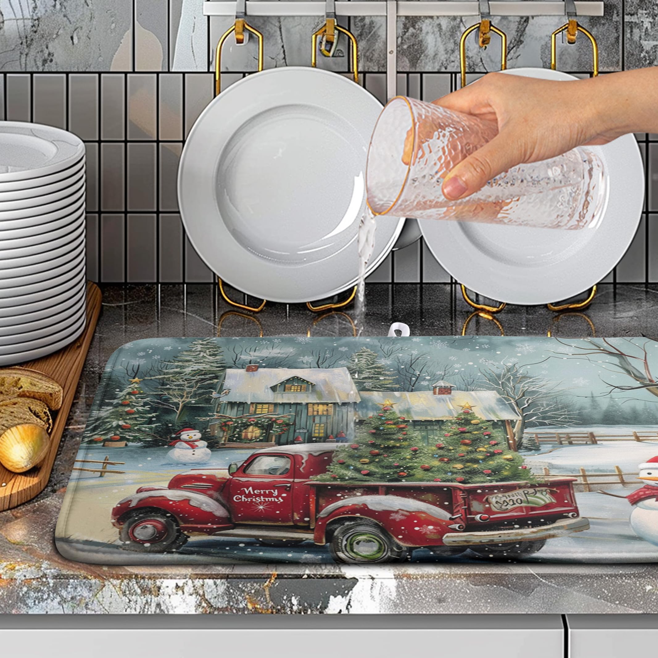 Christmas Red Truck Xmas Tree Snowman Dish Drying Mat for Kitchen Counter 18x24 Inch Winter Snowflake Vintage Absorbent Dish Pad