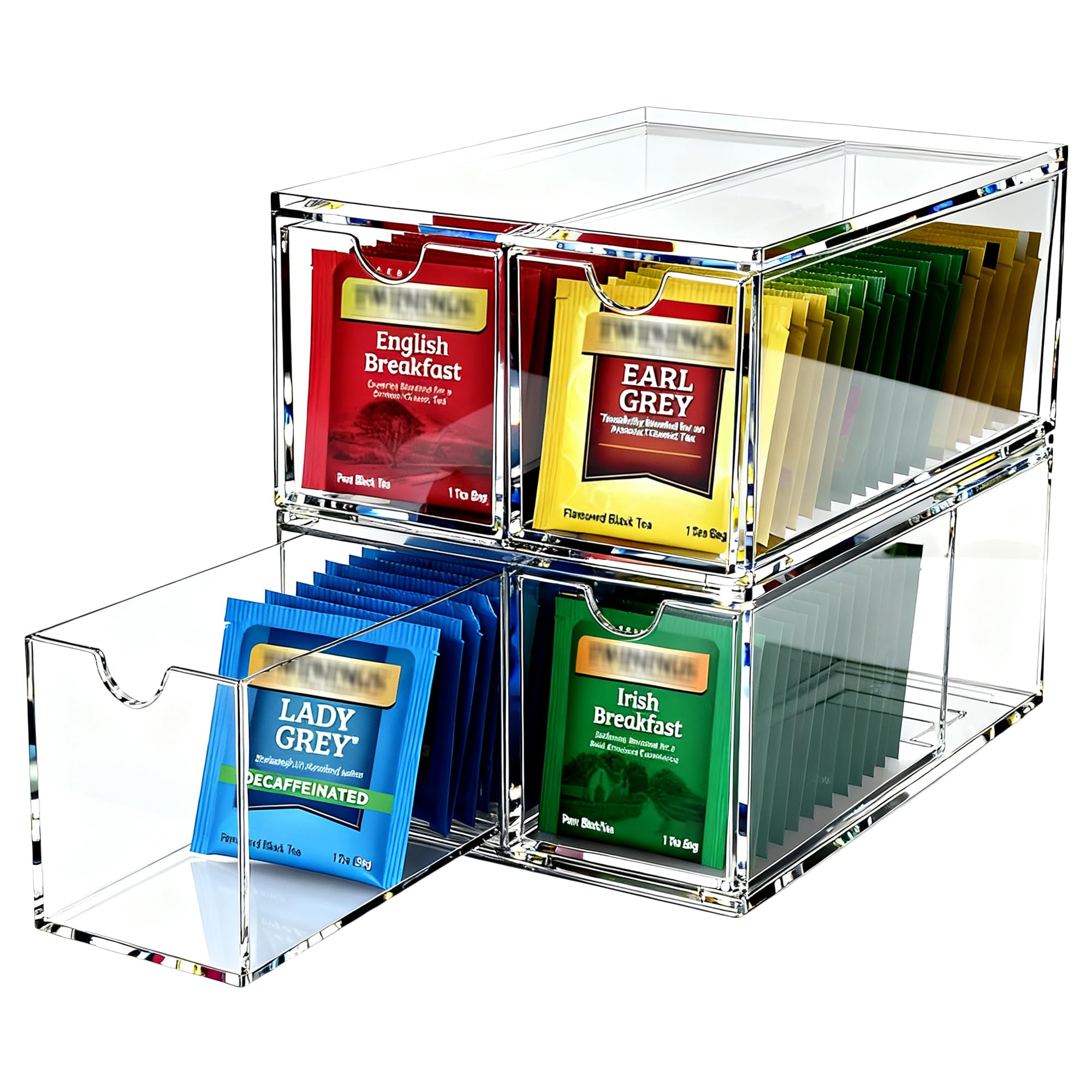 Youngever 4 Pack Plastic Tea Packet Organizers, Stackable Tea Bag Drawers, Clear Tea Bag Drawer Organizers (6 x 9 x 3.5)