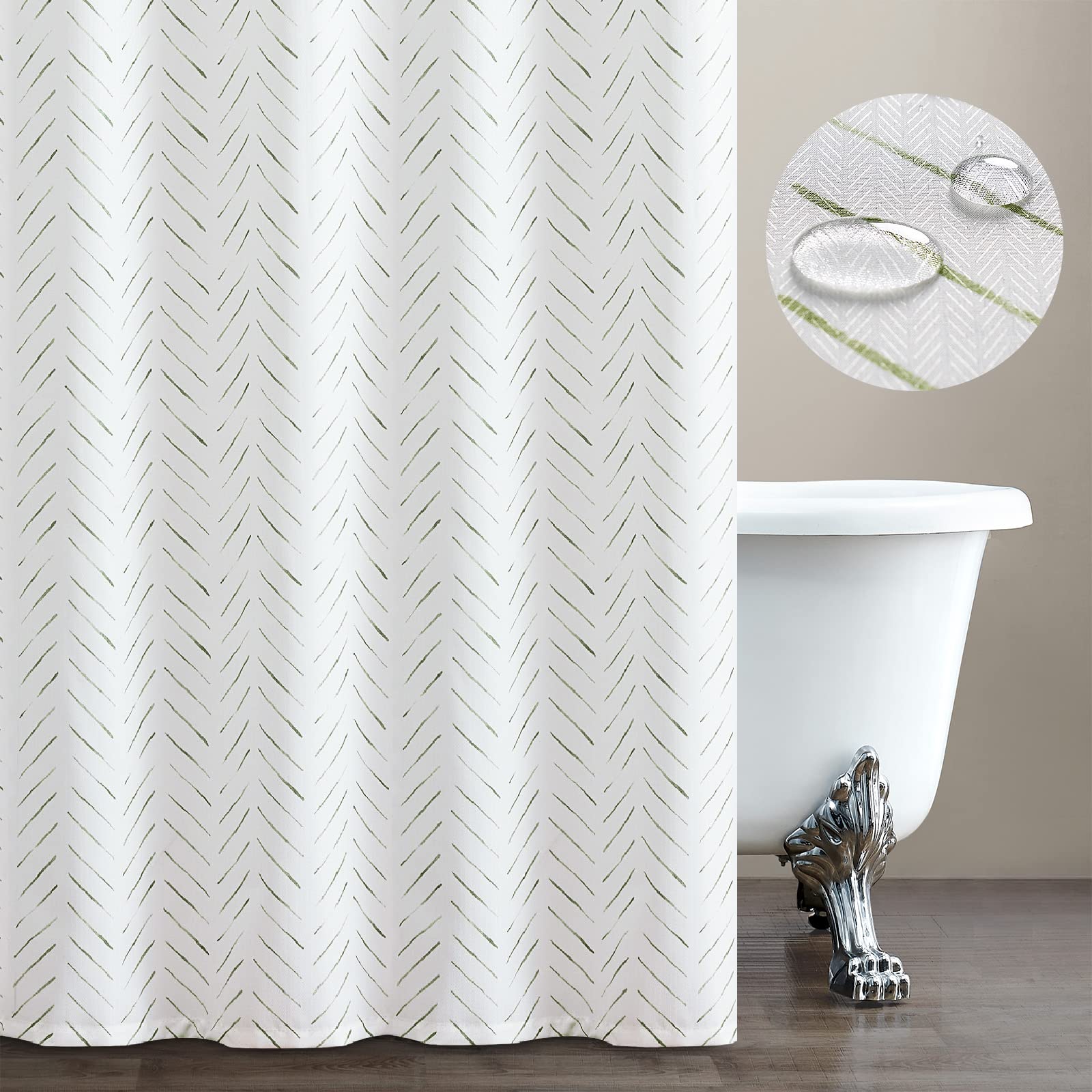 Jinchan Extra Long Green And White Shower Curtain Herringbone Modern Fabric Shower Curtain Zig Zag Inky Chevron Farmhouse Shower