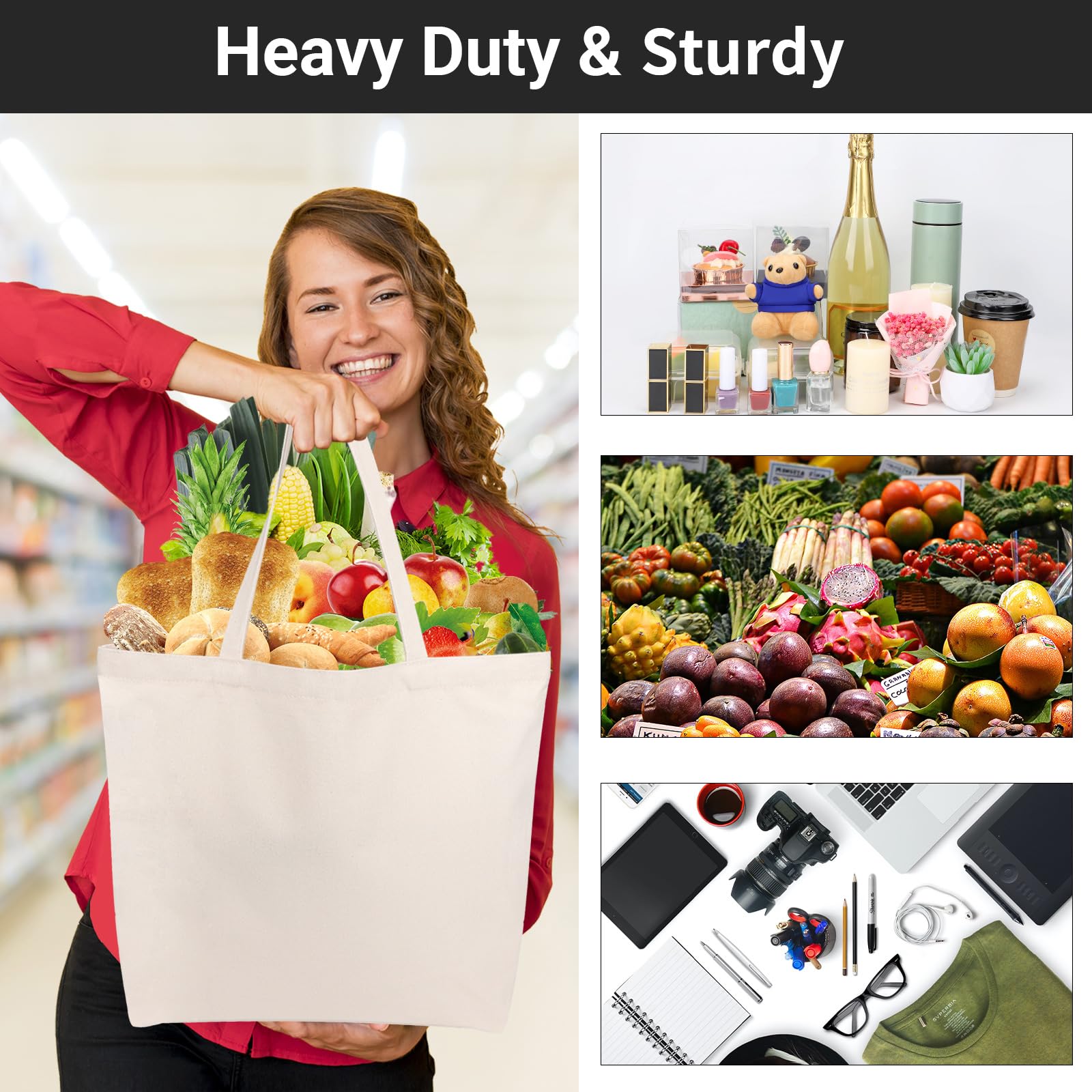 Segarty Canvas Tote Bag, 6 Pack Cotton Heavy Duty Handy Reusable Washable Grocery Shopping Cart Trolley Bags Folding Economical