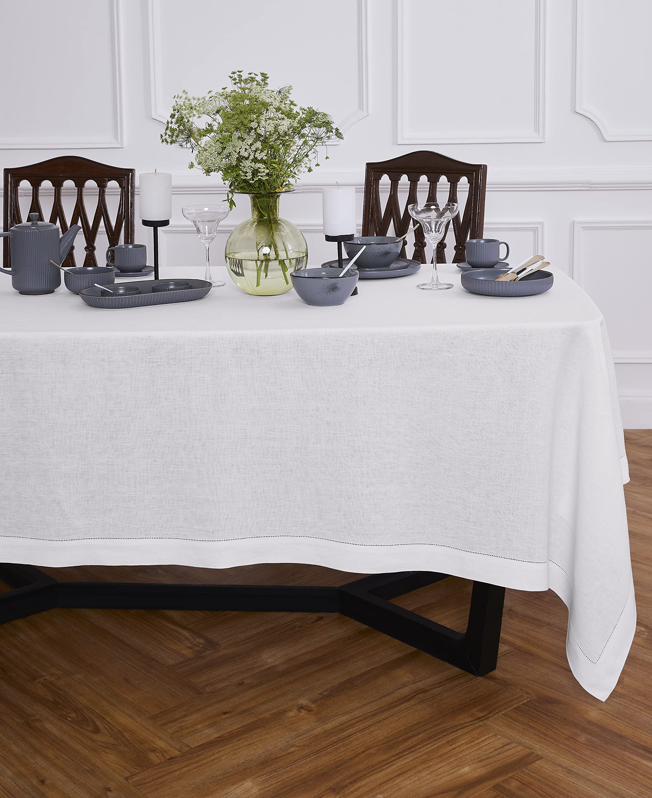 Solino Home White Linen Tablecloth 70'' L X 70'' W Inch - Sonoma Hemstitch 100% Pure Linen Prewashed Table Cloth - Machine Washa