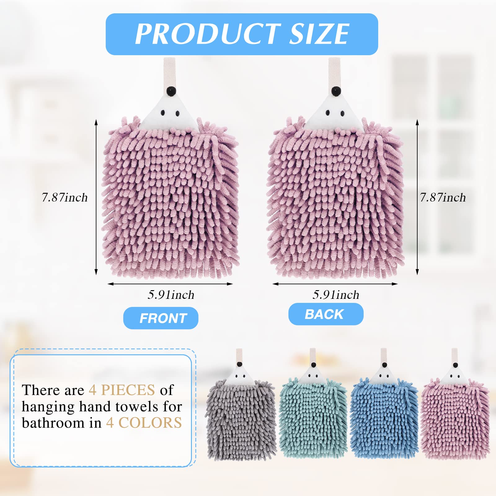 Kinlop 4 Pcs Chenille Hand Towels With Loop Cute Hedgehog Microfiber Hand Towels Absorbent Small Hanging Chenille Hand Towel For