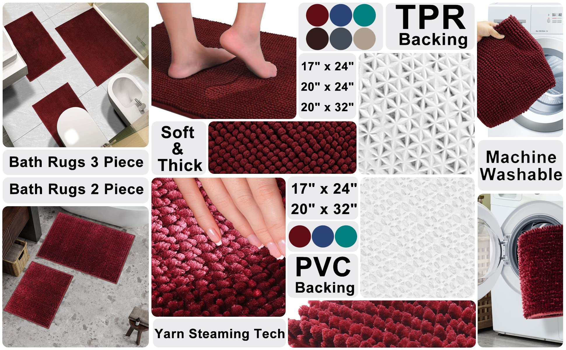 Urvoix Bathroom Rugs Set - 3 Pieces Ultra Soft Non-Slip Bath Mats  Chenille Absorbent Bath Rugs for Bathroom  Tub and Shower (Burgundy)