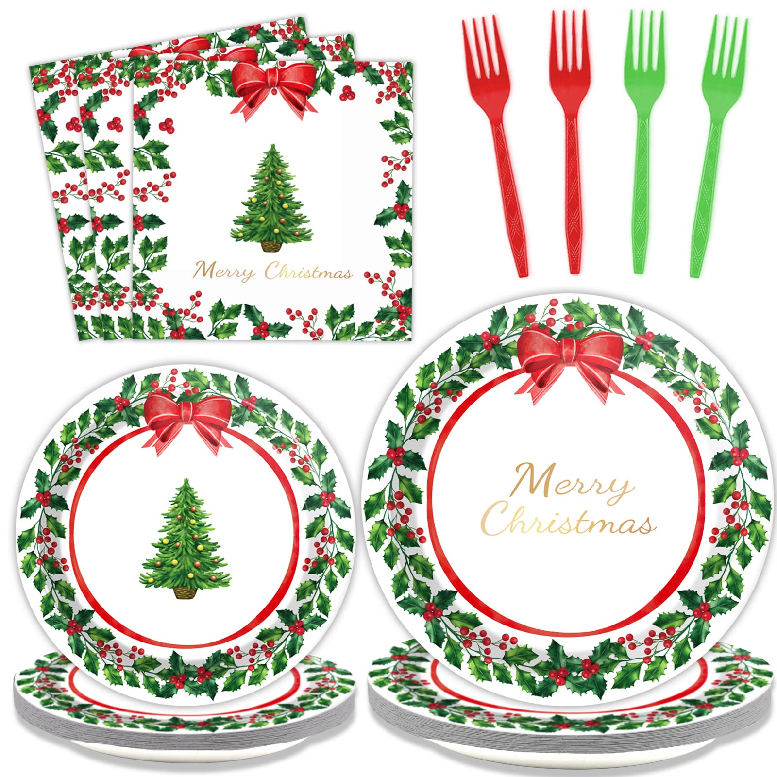 gisgfim 96 Pcs Christmas Paper Plates Napkins Party Supplies Holly Leaf Party Tableware Decorations Favors for Merry Christmas B
