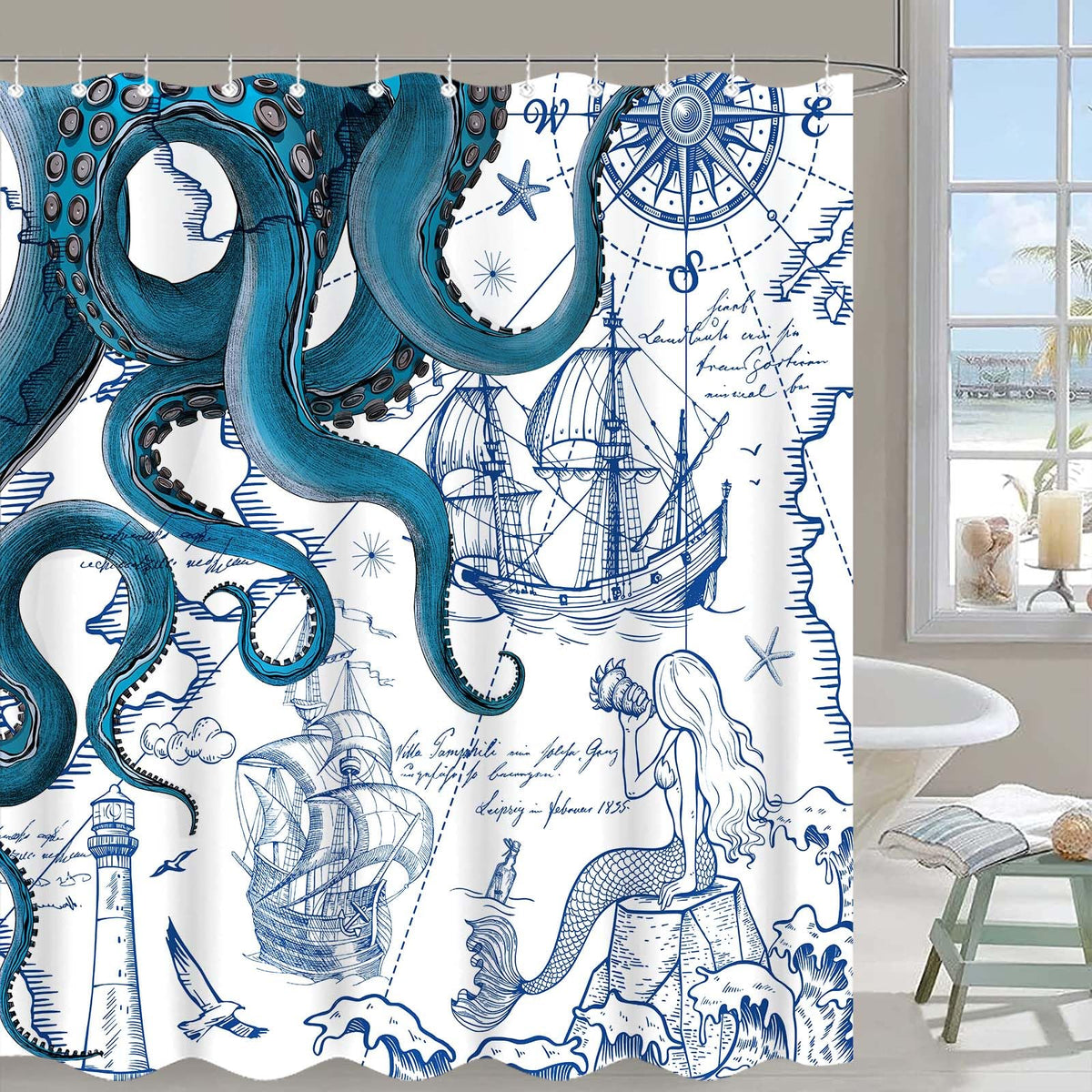 Fungarth Long Blue Nautical Octopus Shower Curtain Navy Mermaid Funny Ocean Kraken Shower Curtains For Bathroom Cool Anchor Coas
