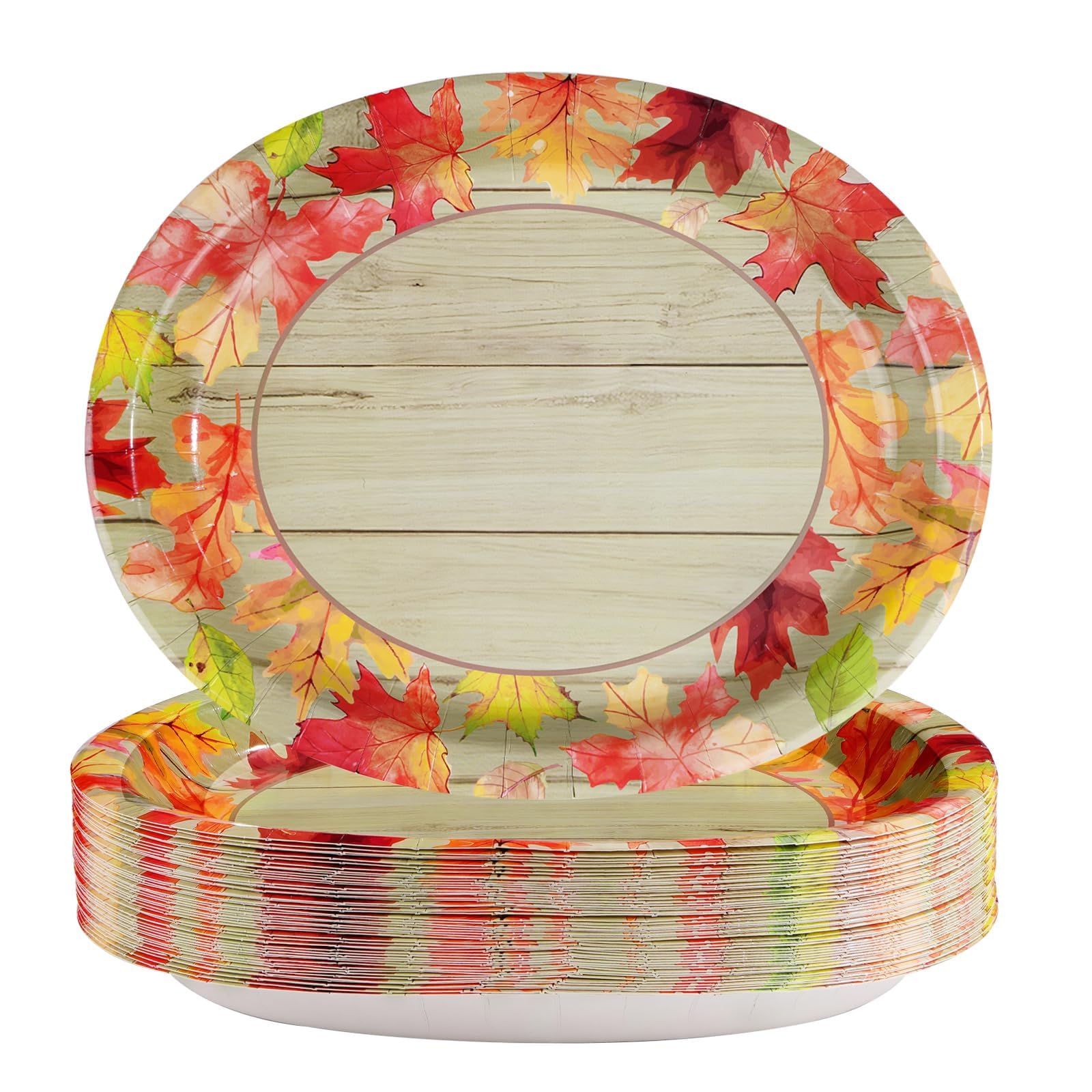 50Pcs Fall Maple Leaf Oval Paper Plates 10 x 12 Large Disposable Heavy Duty Fall Leaves Wooden Grain Platters Autumn Maple Leaf 