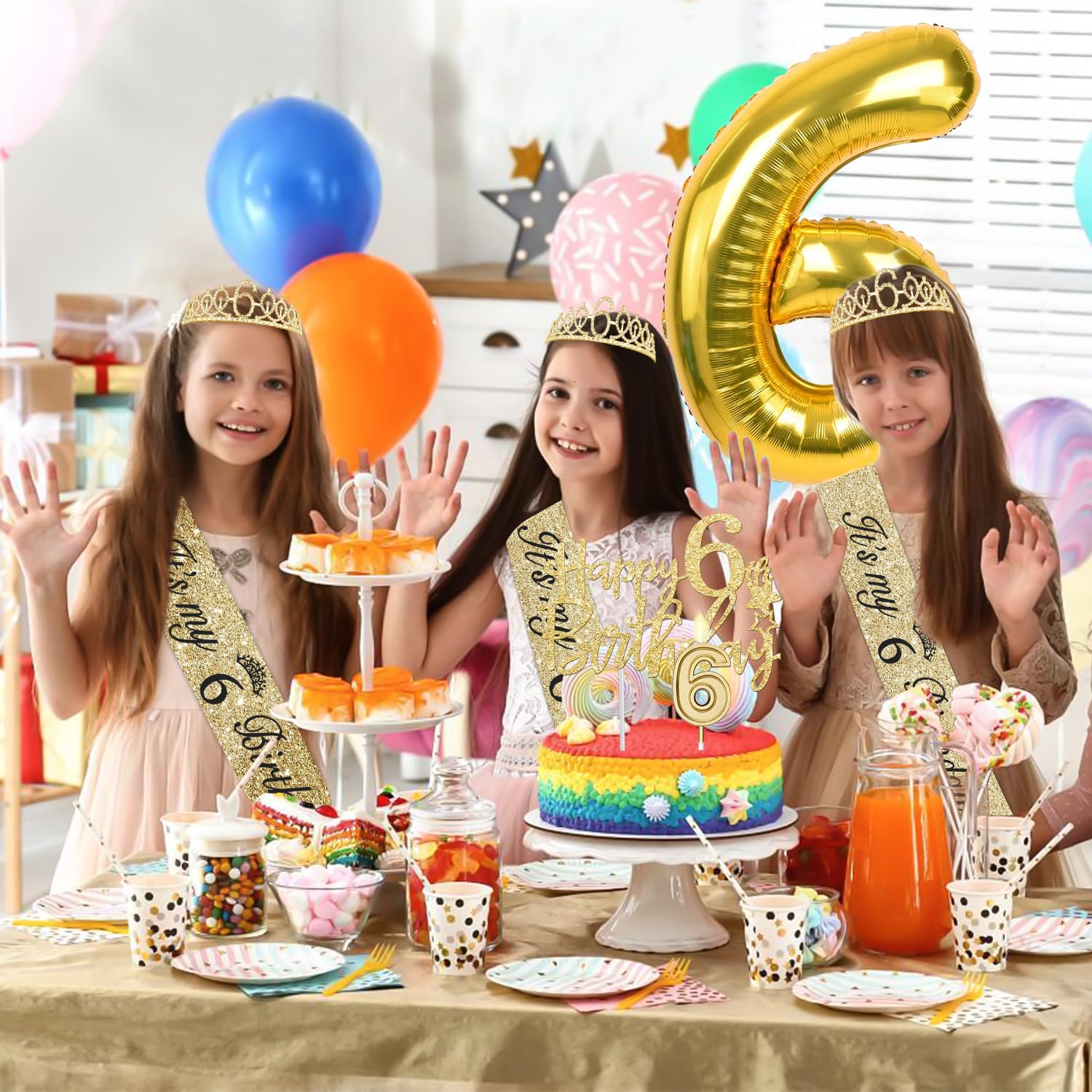 6th Birthday Decorations for Girl with 6th Birthday Sash and Tiara, Candle and Cake Topper, Number Balloon, 6 Year Old Girl Gift