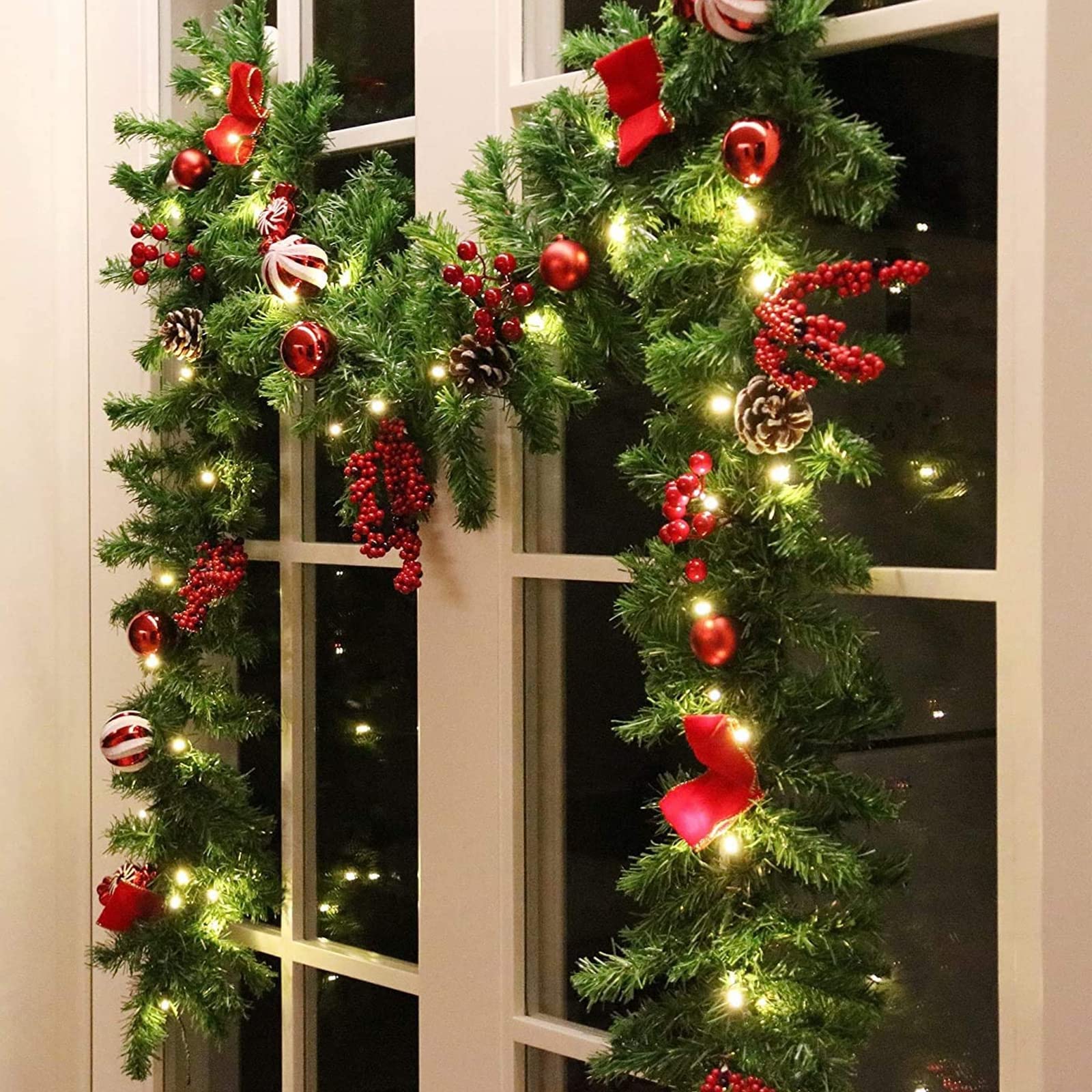 MorTime 9 FT LED Christmas Garland with Pinecones Red Berries Bows Christmas Balls Candies, Multi-Function Christmas Garland wit