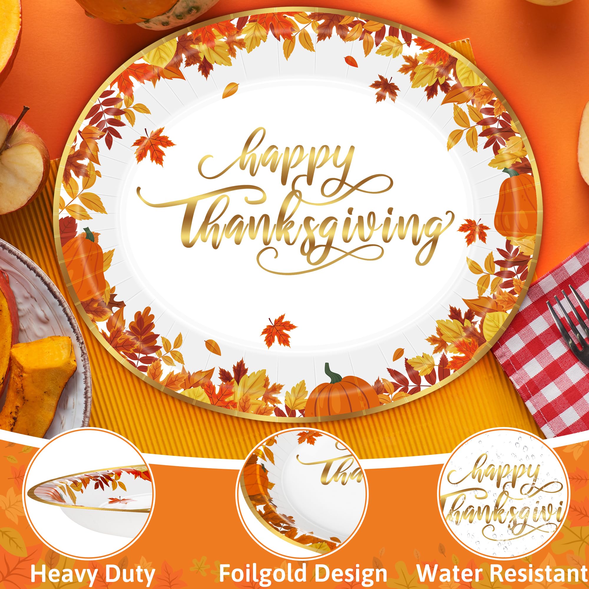 50 Pcs Thanksgiving Plates, 12.2    10.2 Inches Thanksgiving Oval Plates, Foil Gold Border Heavy Duty Fall Tableware, Disposable