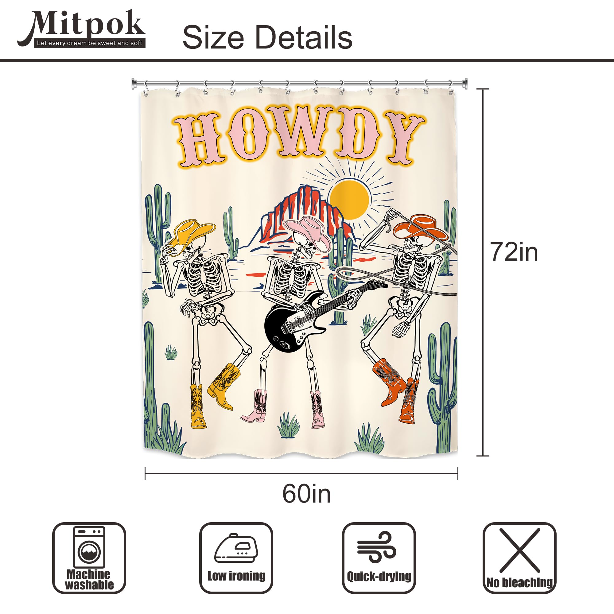 Mitpok Western Cowboy Skull Shower Curtain Funny Halloween Skeleton Retro Howdy Wild West Desert Gothic Guitar Rustic Mountain C