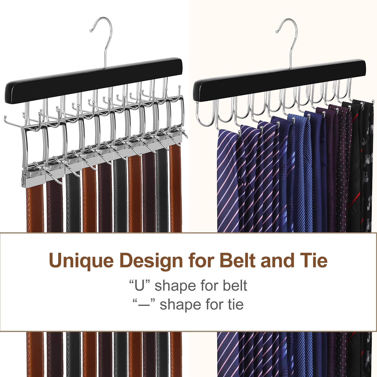 Topia Hanger 2 Pack 2 In 1 Belt Tie Hanger For Closet Max 60 Belts With 60 Ties Capacity, 20 Hooks Belt Tie Racks Wooden Hanger