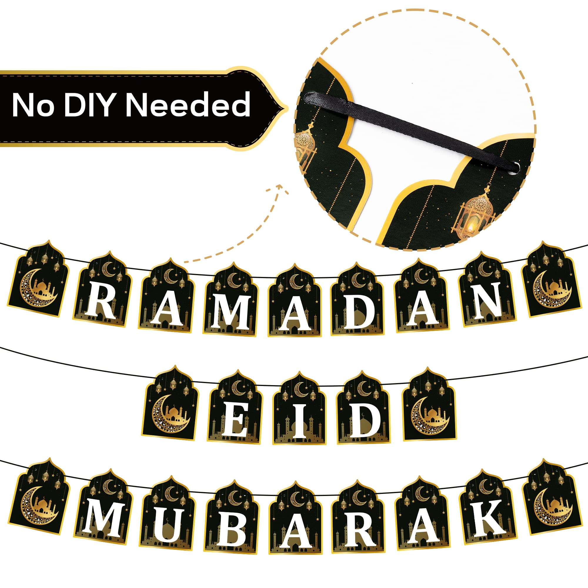 Watinc 2 In 1 Ramadan Banner Eid Mubarak Decoration, Ramadan Kareem Hanging Banners Decor, No Diy Needed Eid Al-Fitr Iftar Party