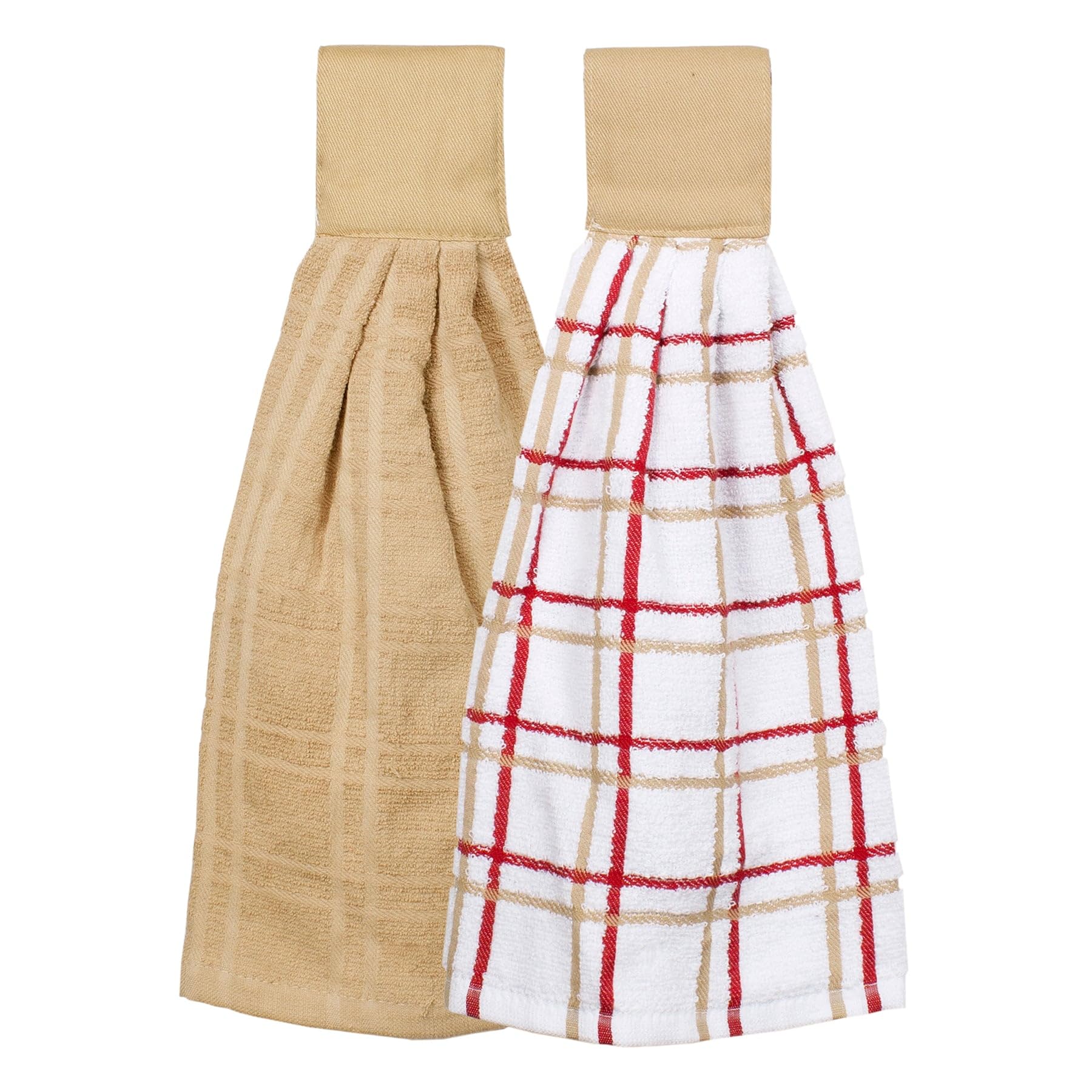 Ritz Hanging Tie Towels, 2 Pack - Solid  Checked, Biscotti, 2 Count