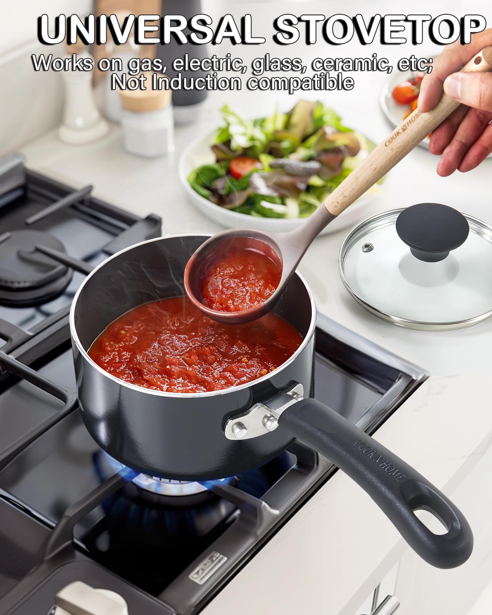 Cook N Home Nonstick Aluminum Sauce Pan, 3-Qt, Black with Glass Lid, Model 02524
