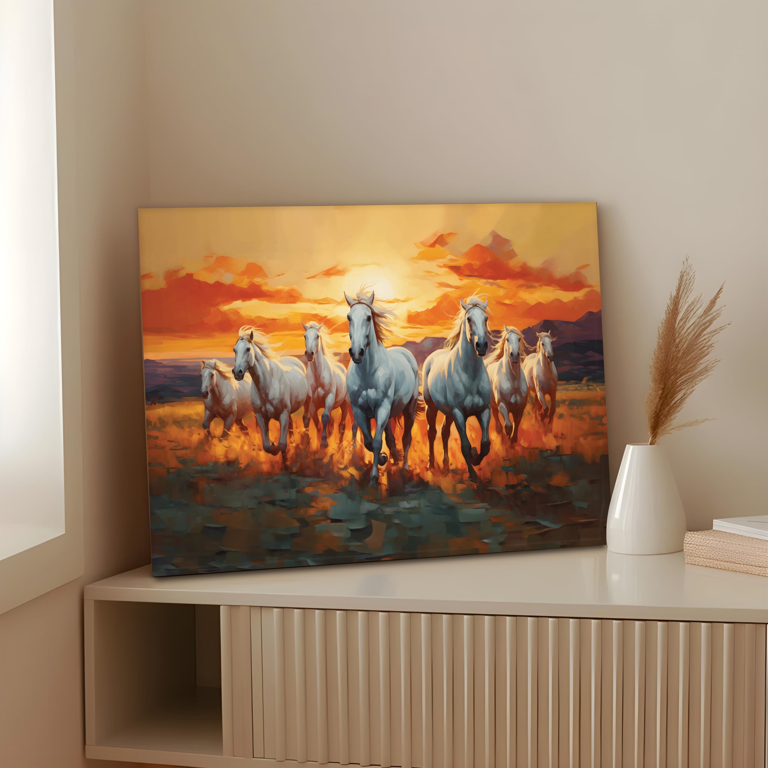 Paintingmantra Seven White Running Horses Field Wall Art Vastu Feng Shui Multicolor | Canvas Painting Stretched On Wood | Suits 