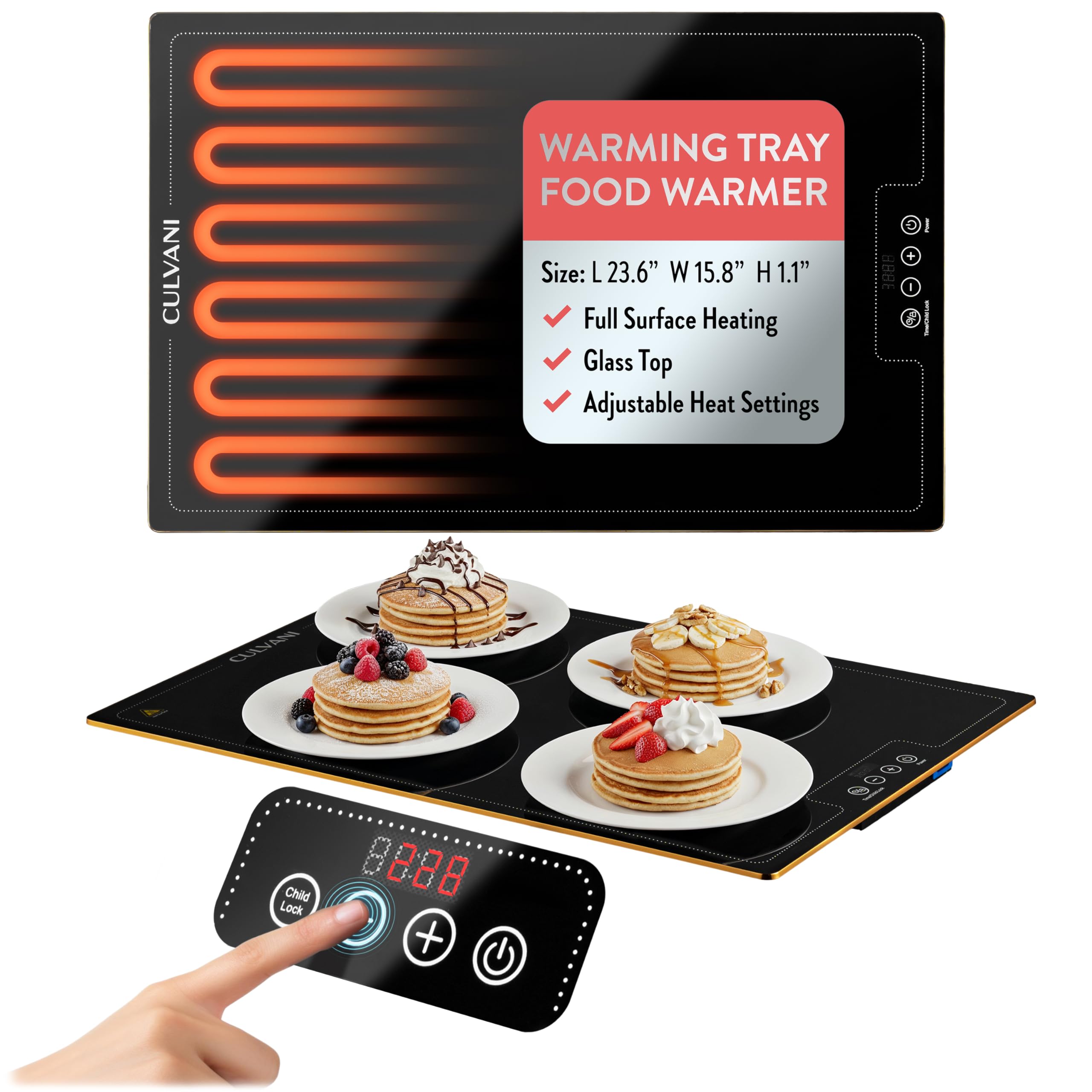 Culvani Electric Warming Tray for Food | 23.5x15.5 Slim Thermaplate Electric Food Warmer for Kitchen & Buffet | 1 Thin Counterto