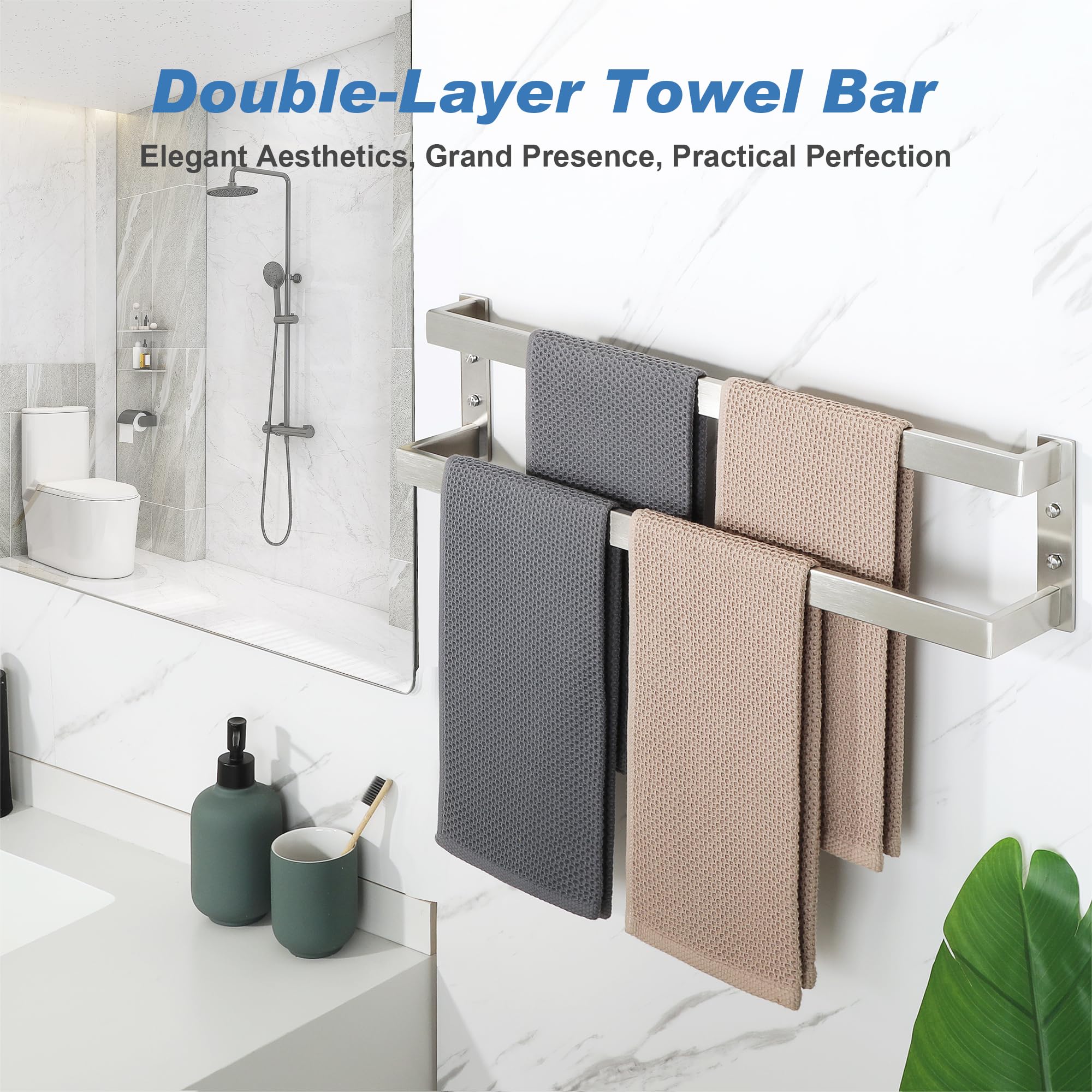 Alise Double Towel Bar 24'', Sus304 Stainless Steel Towel Racks For Bathroom Wall Mounted, Heavy Duty Bathroom Towel Holder, Spa