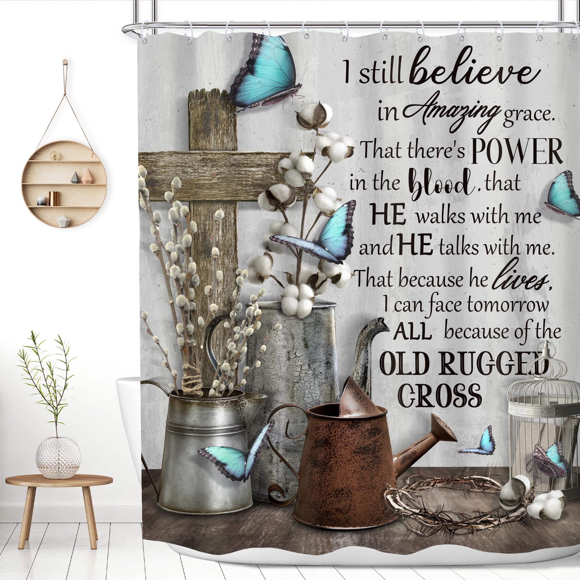 Meshelly Rustic Farmhouse Christian Shower Curtain 60Wx72H Vintage Bible Verse Bathroom Decor Inspirational Quotes Blue Butterfl