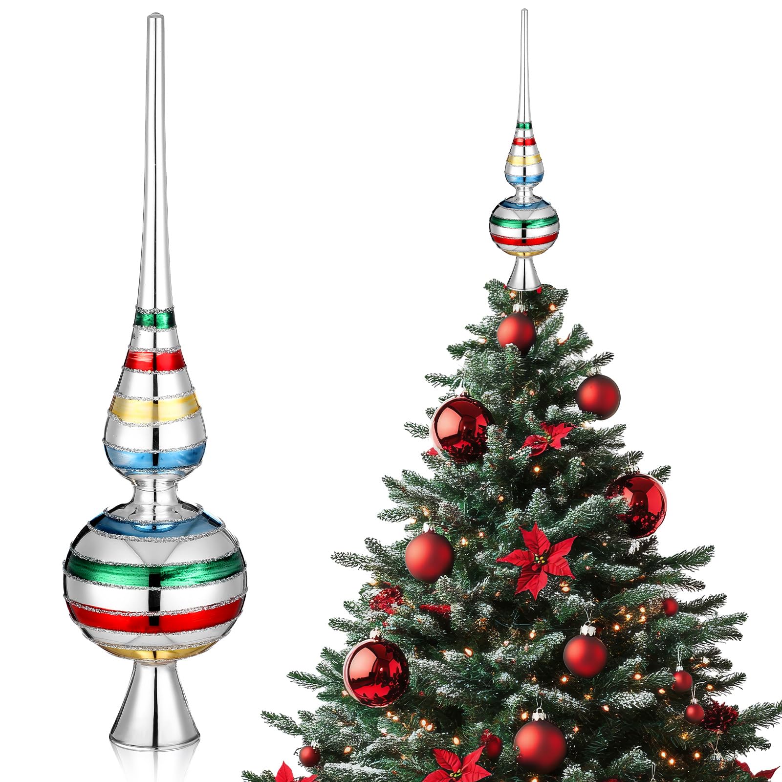 Gejoy Mercury Glass Christmas Finials Tree Topper Vintage Mid Century Colorful Ornaments Retro Spherical Blown Glass Xmas Tree T