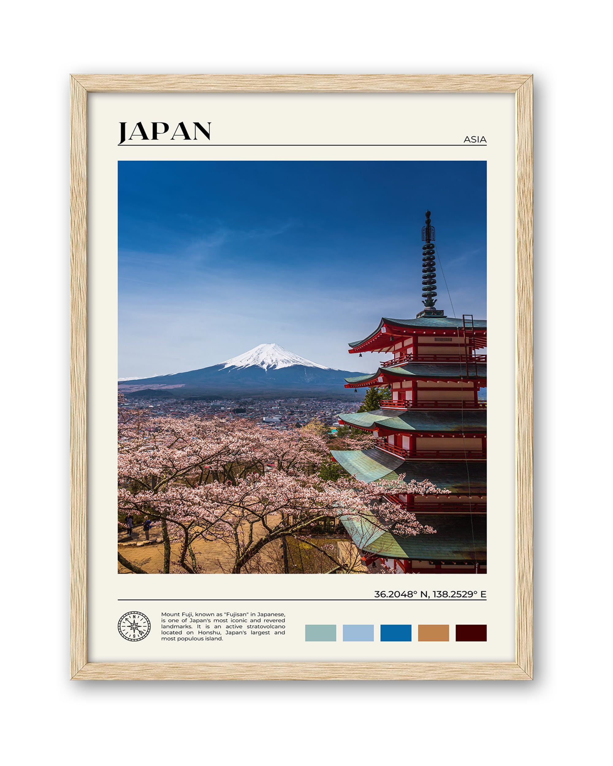 Hesendot Natural Oak Wood Framed Mount Fuji Wall Art, 12X16In Japanese Natural Scenery Canvas Wall Print, Classic Urban Landmark