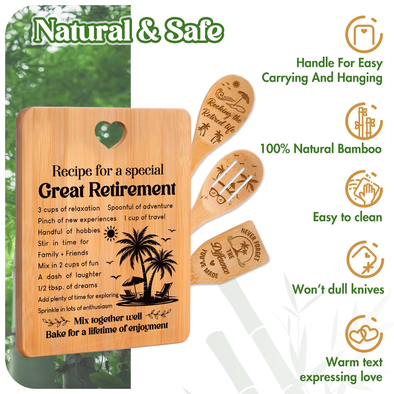Retirement Gifts for Woman/Men 2025, Happy Retirement Bamboo Cutting Board Set for Colleagues, Friends, Teachers, Bosses, Parent