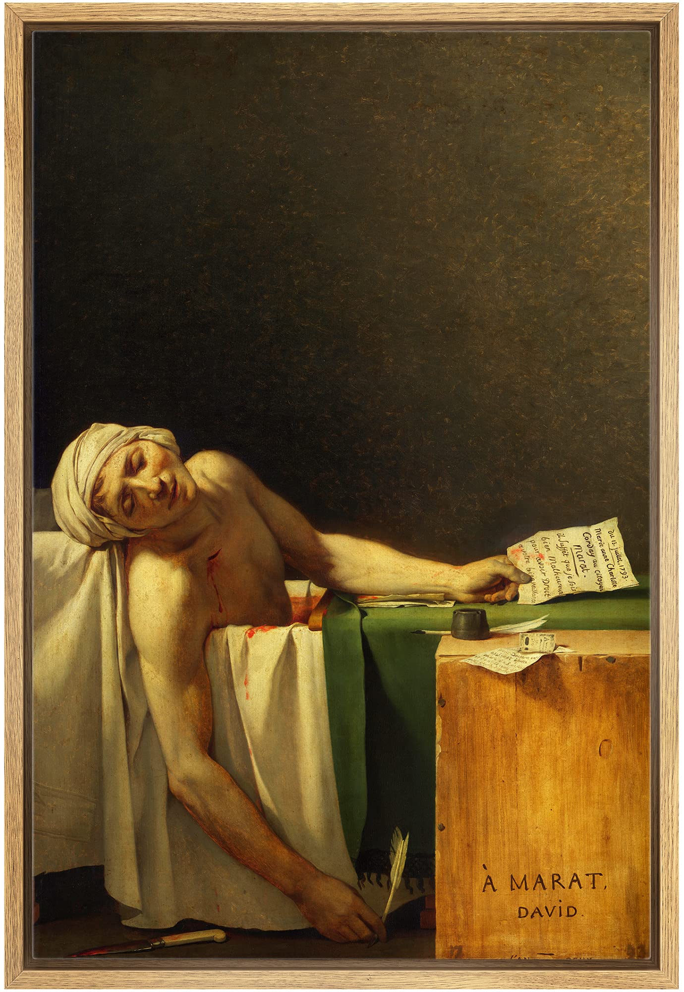 Wall26 - The Death Of Marat By Jacques-Louis David - Framed Canvas Print Wall Art Famous Painting Reproduction - 16''X24'' Natur
