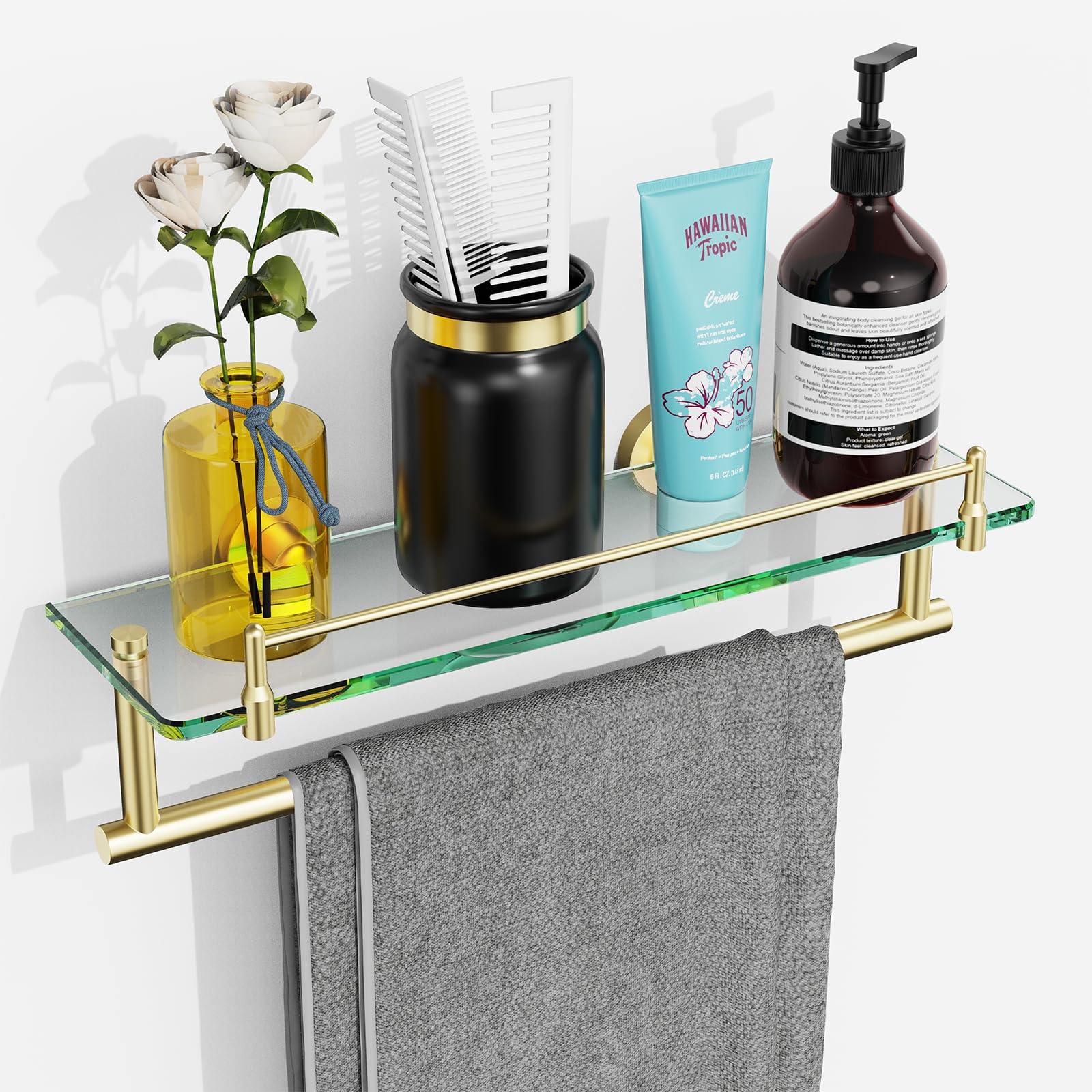 KOCOK Glass Bathroom Shelf with Towel Bar,16-Inches Brushed Gold Floating Glass Shelf with Towel Rack Rectangular Stainless Stee