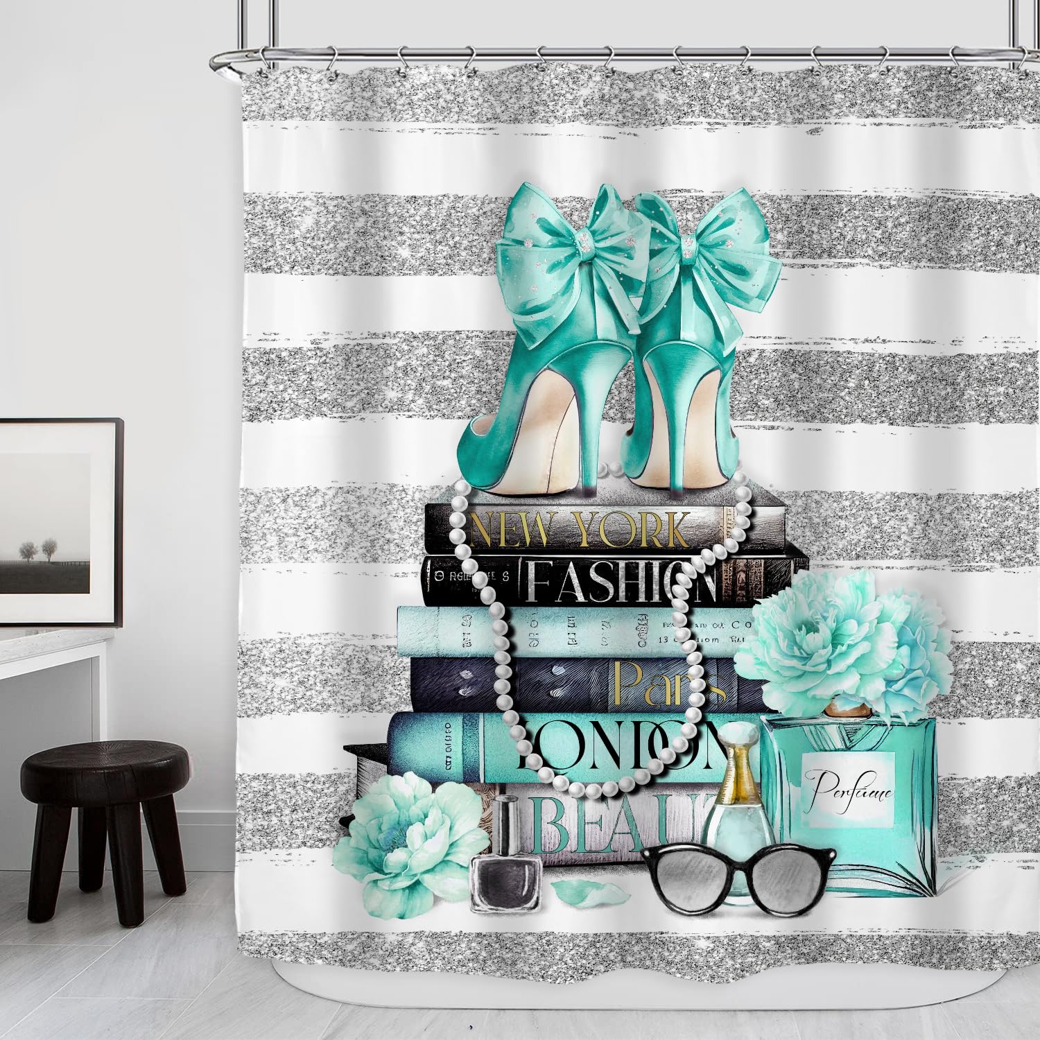 Riyidecor Fashion Women Shower Curtain 60Wx72H Inch Teal Silver Modern Magazine Girly White Stripe Rose Flower High Heel Makeup