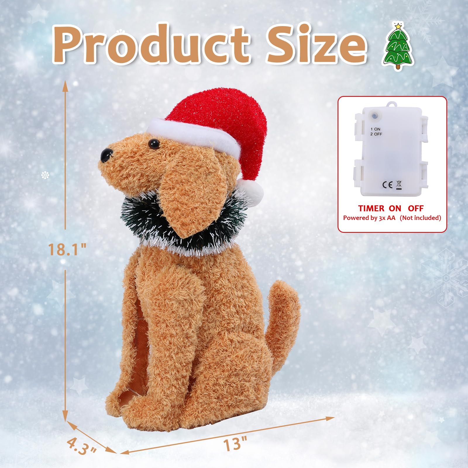Christmas Lighted Dog Decoration Pre-lit 3D Glittered Fluffy Puppy Battery Operated Lighted Up Sitting Ornament Outdoor Indoor C