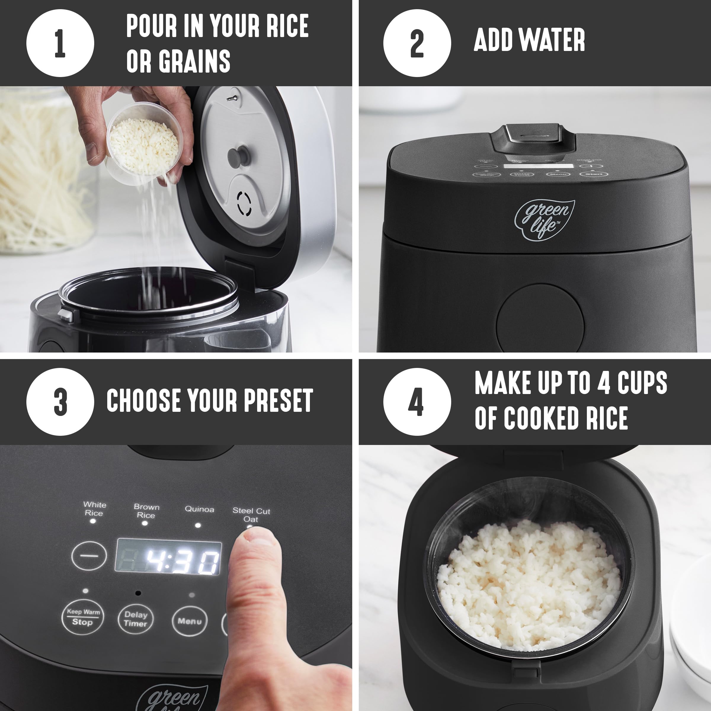 GreenLife 4-Cup Digital Rice Cooker, Nonstick Ceramic, Black, Model CC007882-001, One-Touch Presets, Auto Keep Warm, PFAS-Free
