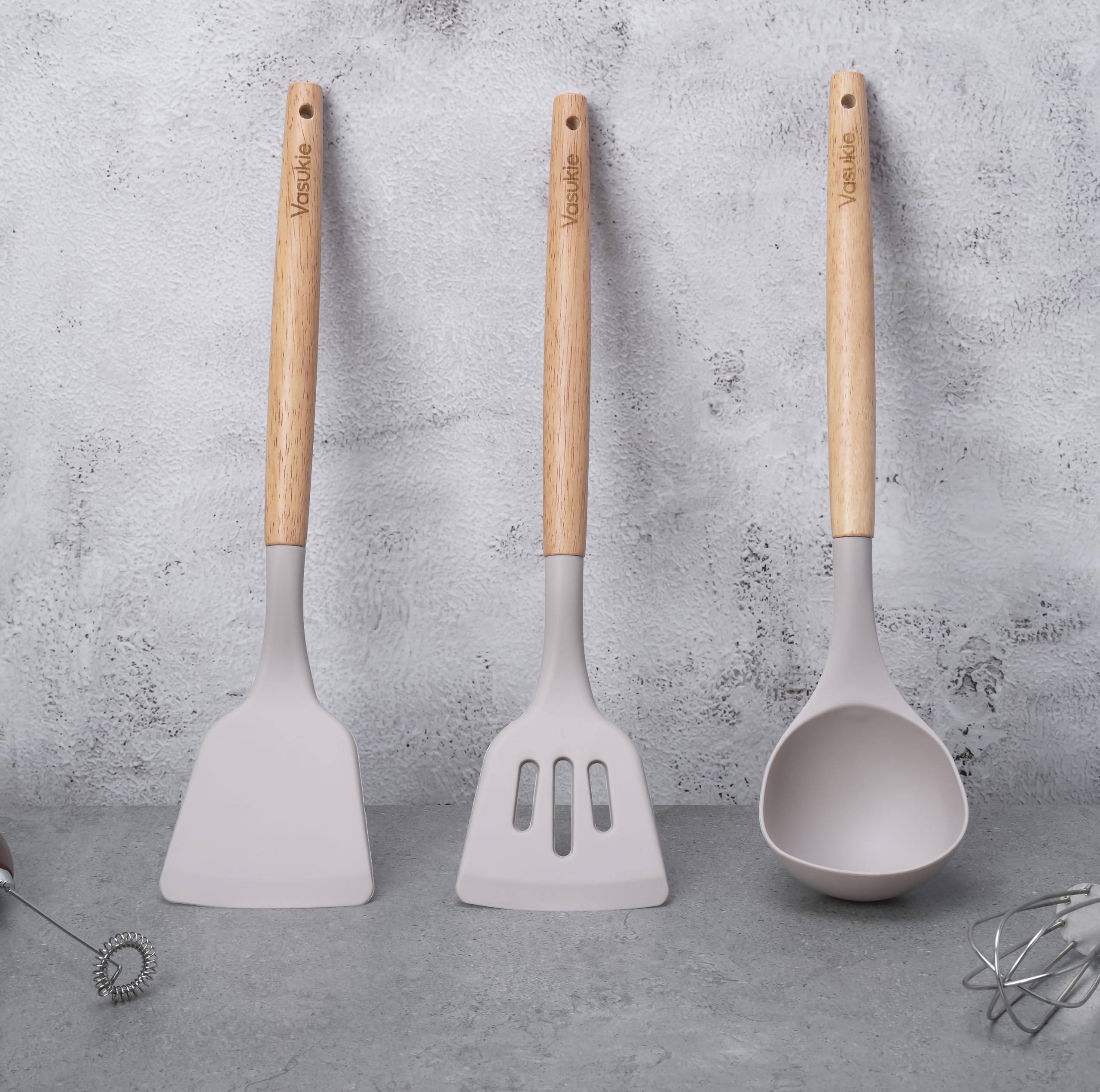 Vasukie Silicone Spatula Set with Wooden Handle for Kitchen | Spatula Silicone Set for Non Stick Pan | Kitchen Accessories Items