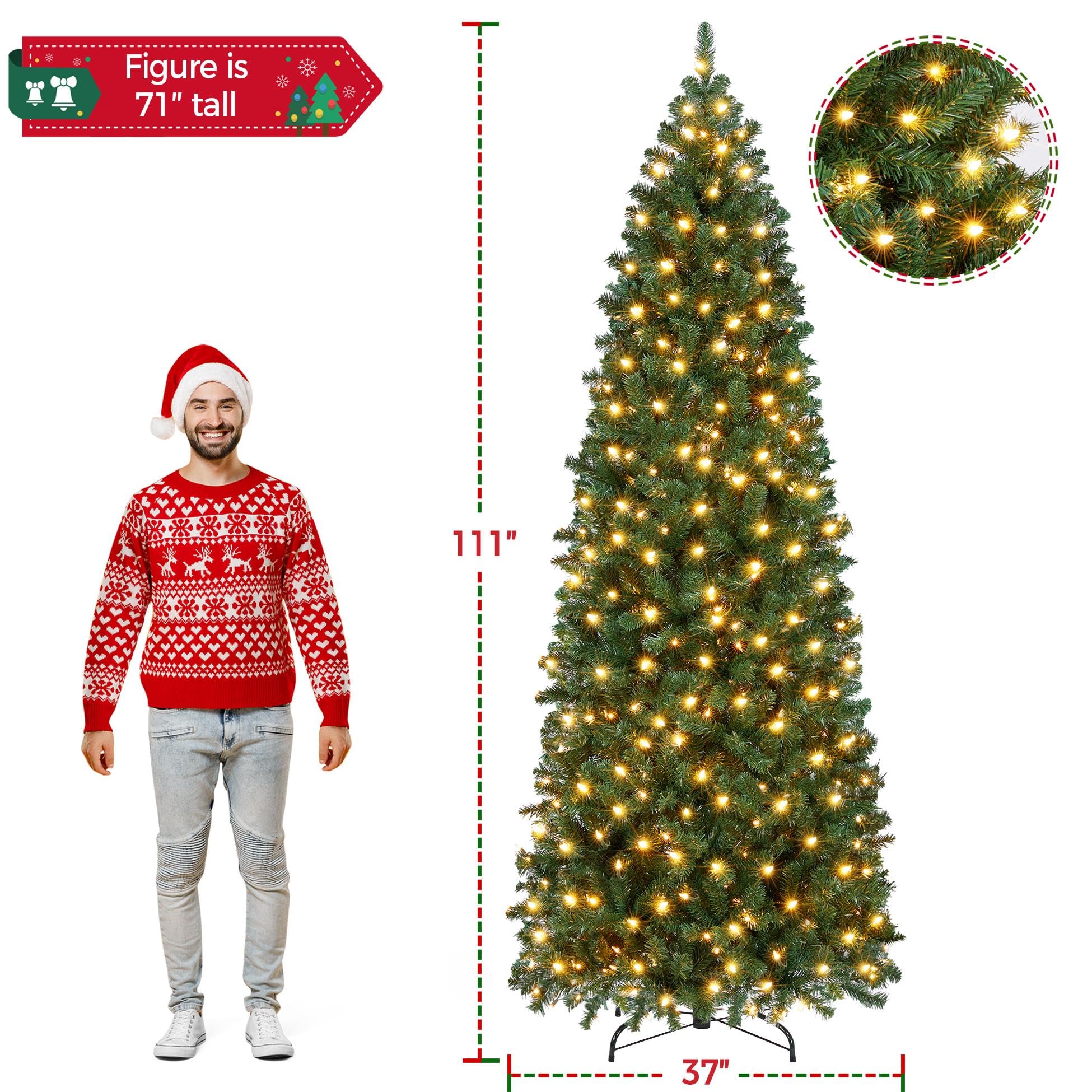Yaheetech 9ft Pre-lit Artificial Christmas Tree with 500 Warm Lights Hinged Spruce Pencil with Foldable Stand Holiday Decoration