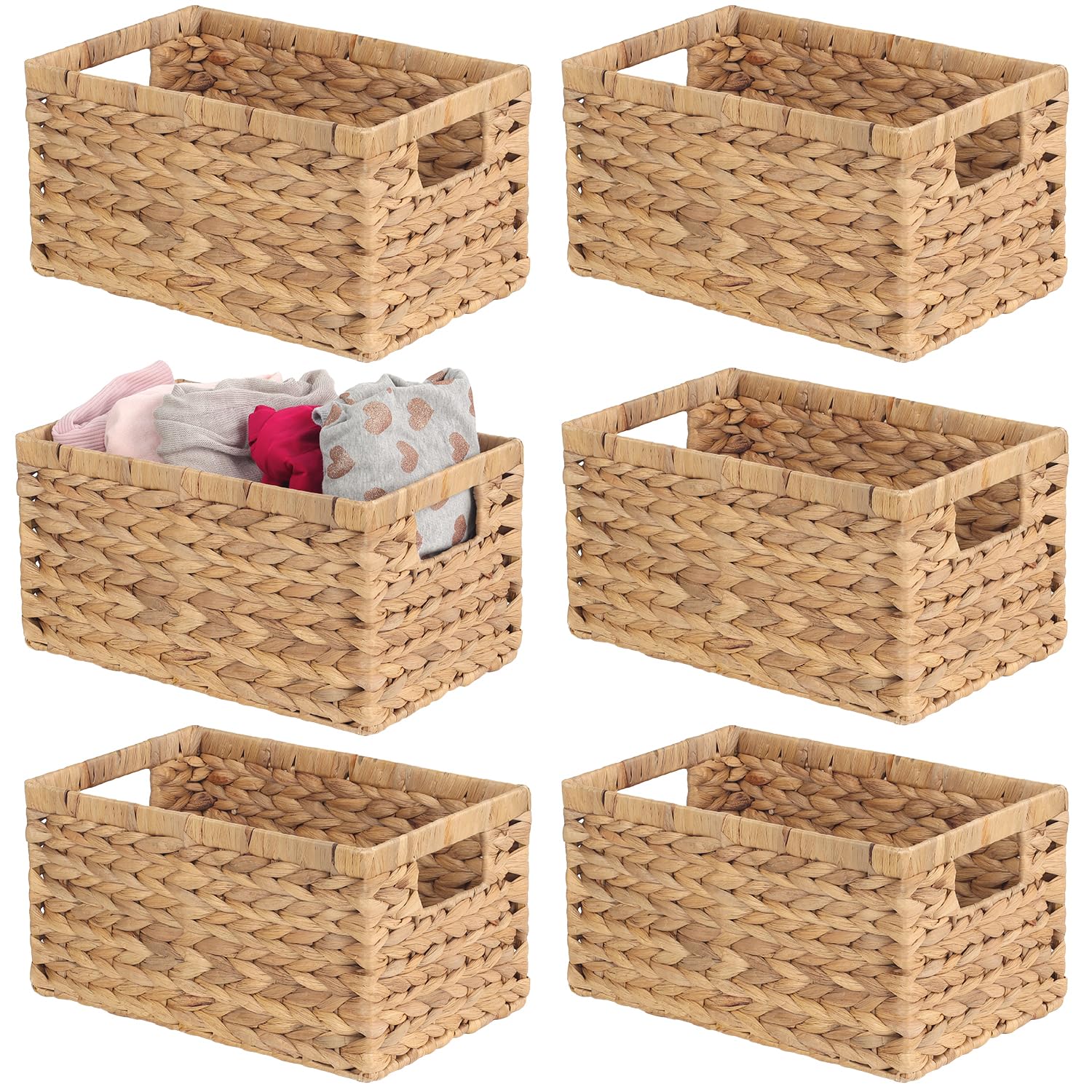 Timberwave Set Of 6 Wicker Storage Baskets, Natural Water Hyacinth Rectangular Woven Baskets - 13'X8'X6.7', For Bedroom, Bathroo