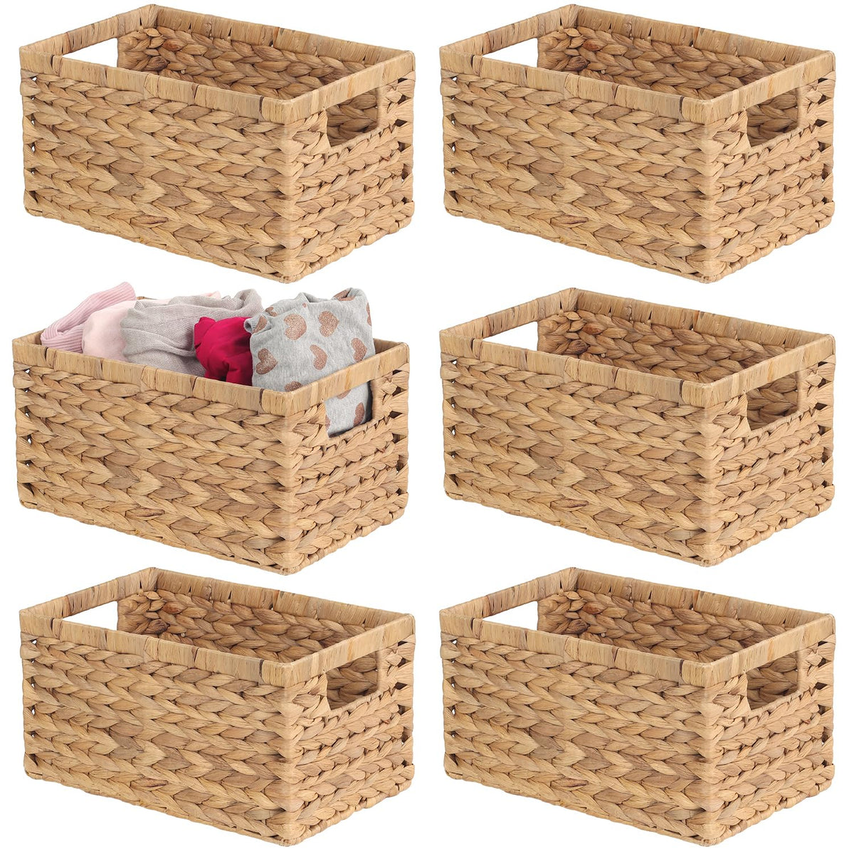 Timberwave Set Of 6 Wicker Storage Baskets, Natural Water Hyacinth Rectangular Woven Baskets - 13'X8'X6.7', For Bedroom, Bathroo