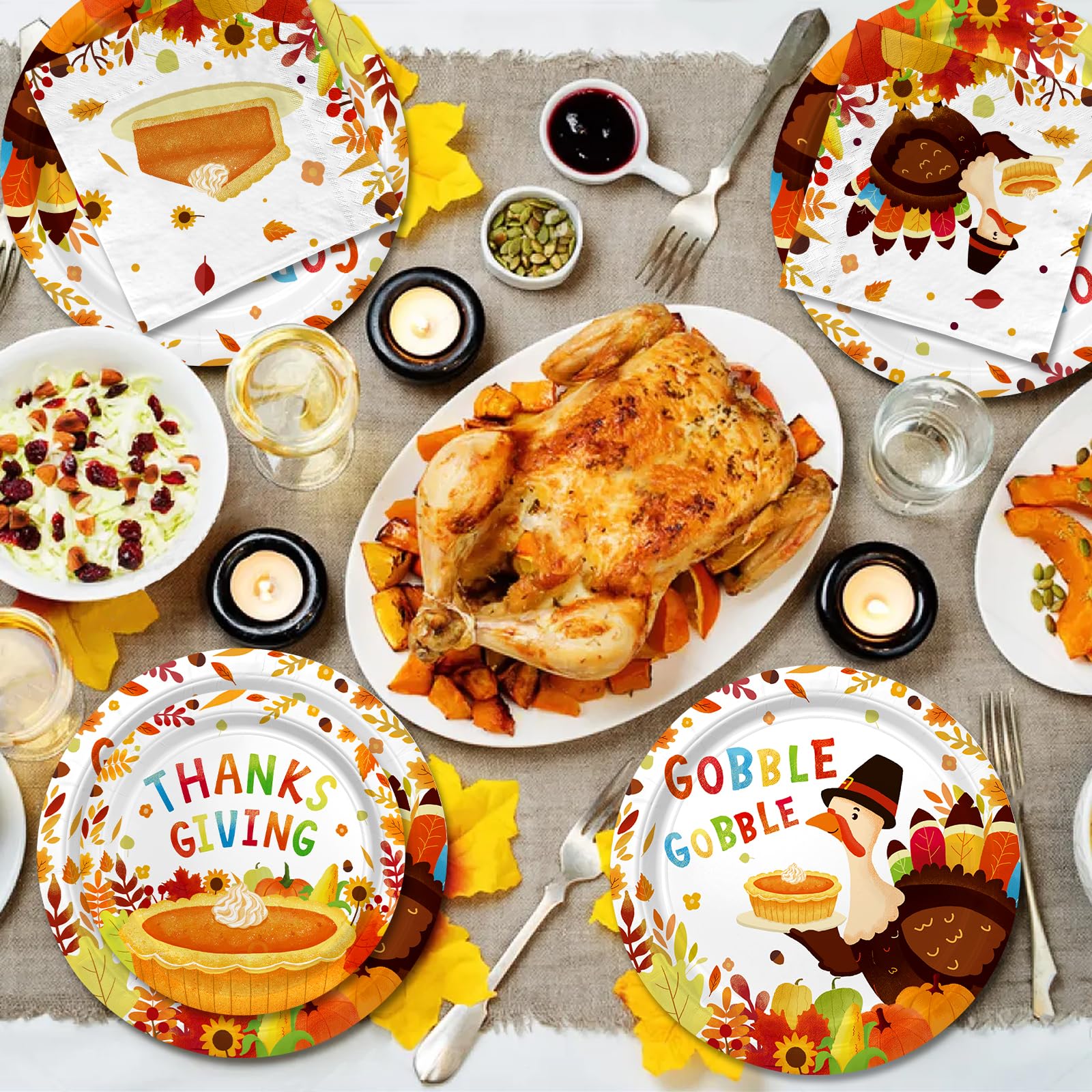 Thanksgiving Turkey Party Supplies Kit - Autumn-Themed Disposable Dinnerware Set With Plates And Napkins For 50 - For Thanksgivi