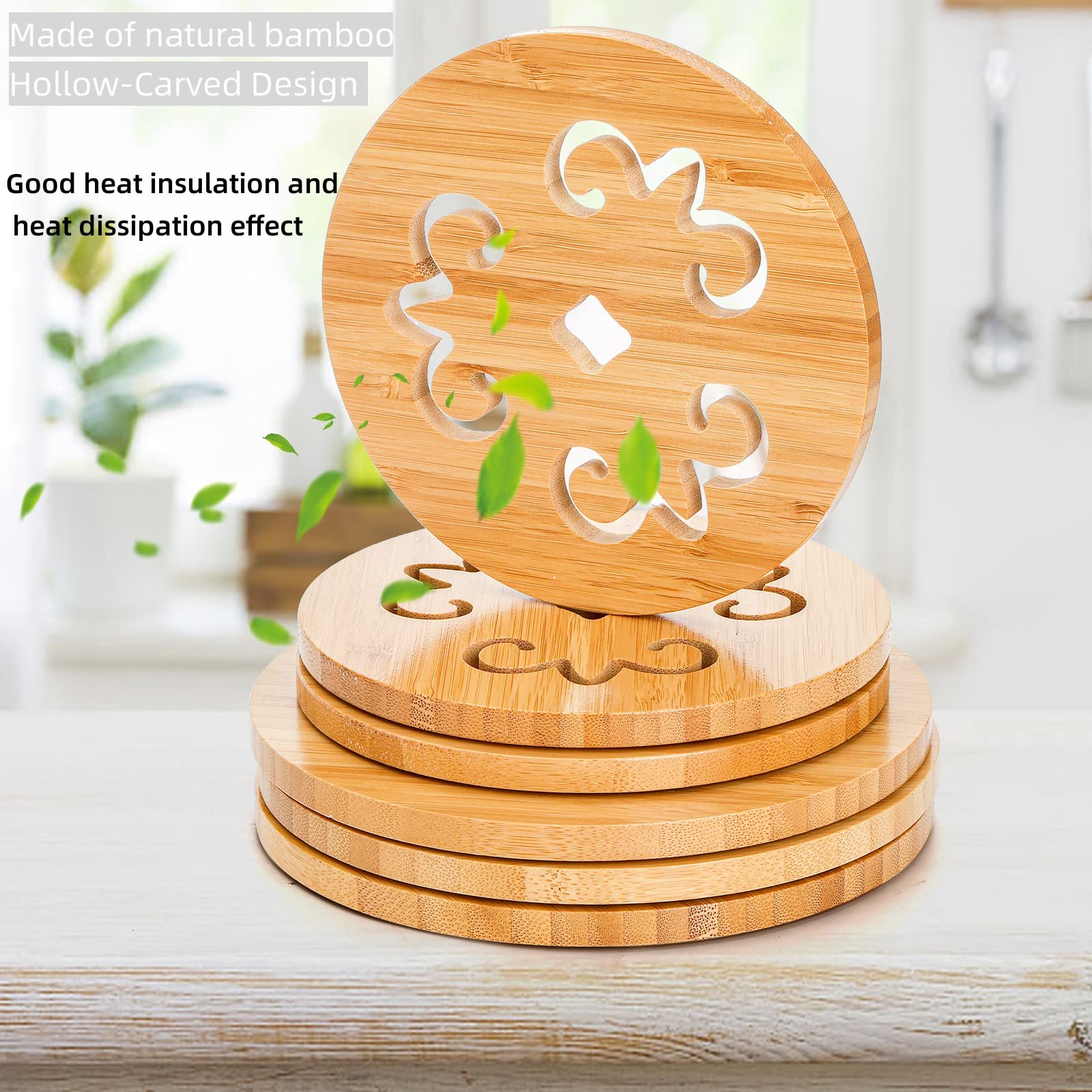 Avla 6 Pack Natural Bamboo Trivet Mat Set, Heat Resistant Pads With Dish Rack, Kitchen Wood Non-Slip Coaster, Durable Anti-Hot T