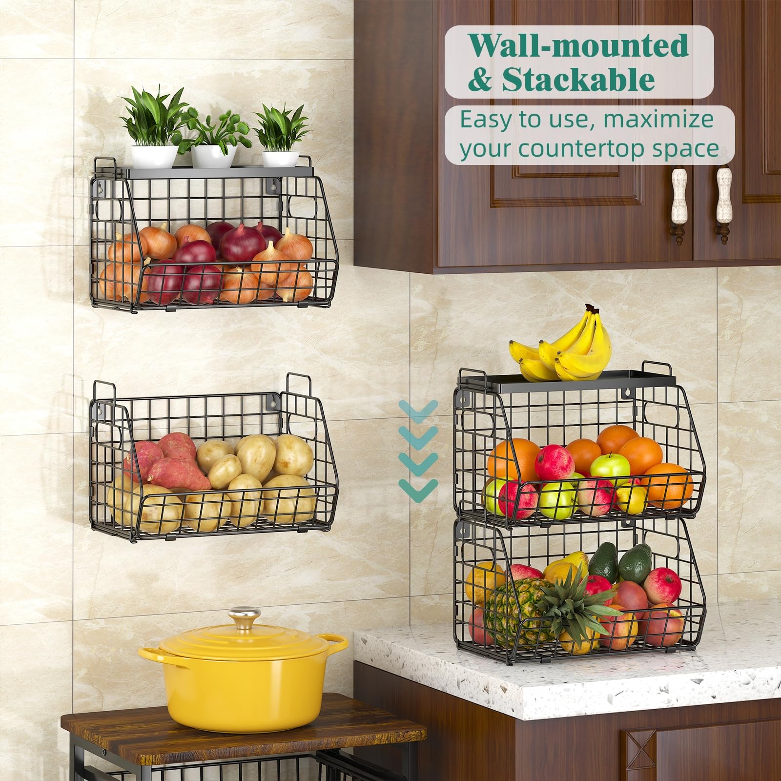 Chloryard 3-Tier Stackable Fruit Basket Kitchen Potato Onion Storage Wire Baskets With Tray Top, Wall-Mounted & Countertop Tiere