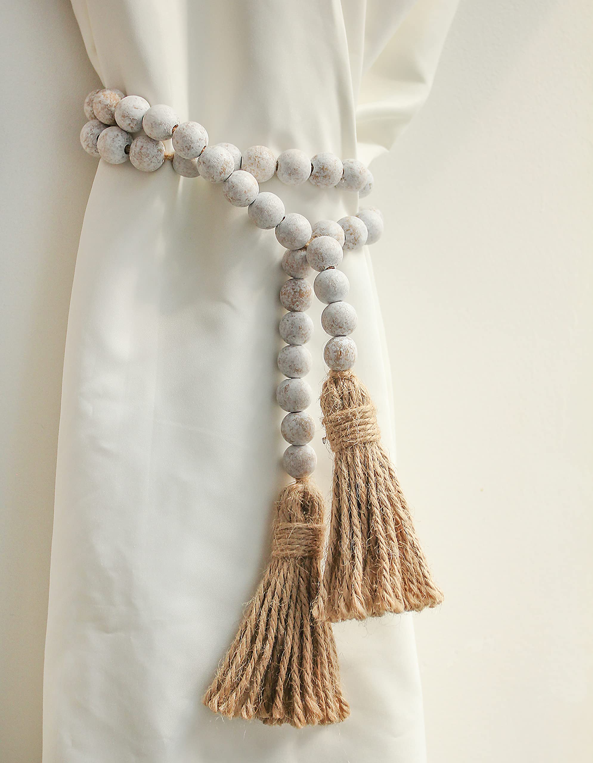 58in Wood Bead Garland with Tassels, Farmhouse Rustic Country Decor Prayer Boho Wall Hanging Decoration (Whitewash)