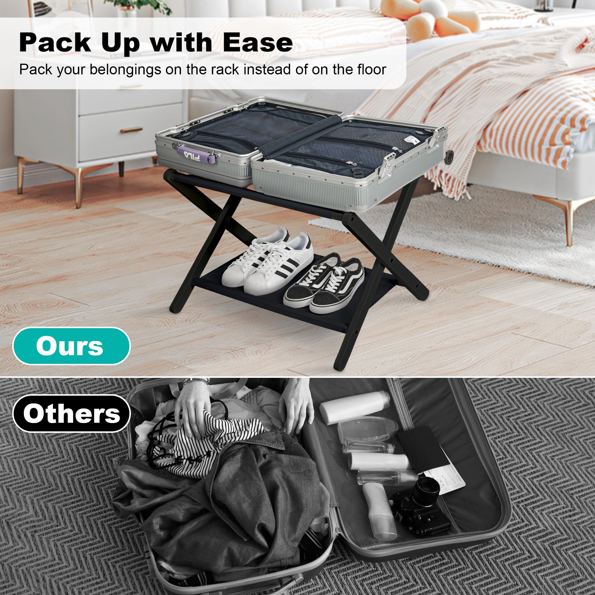 Vasmia Luggage Rack, Folding Suitcase Stand With Storage Shelf,Bamboo Luggage Stand For Guest Room,Bedroon And Hotel,Holds Up To