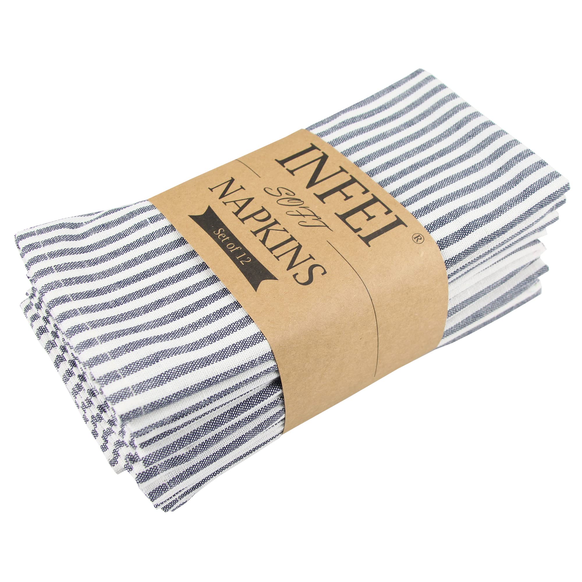 Infei Plain Striped Cotton Linen Blended Dinner Cloth Napkins - Set Of 12 (40 X 30 Cm) - For Events & Home Use (Navy)
