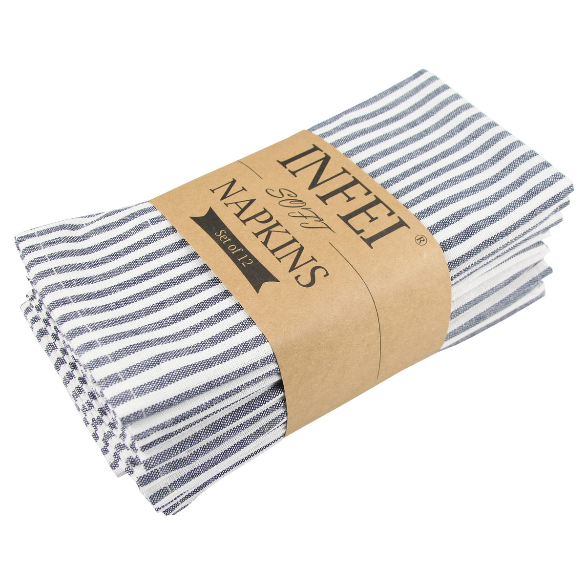 Infei Plain Striped Cotton Linen Blended Dinner Cloth Napkins - Set Of 12 (17 X 17 Inches) - For Events & Home Use (Navy)